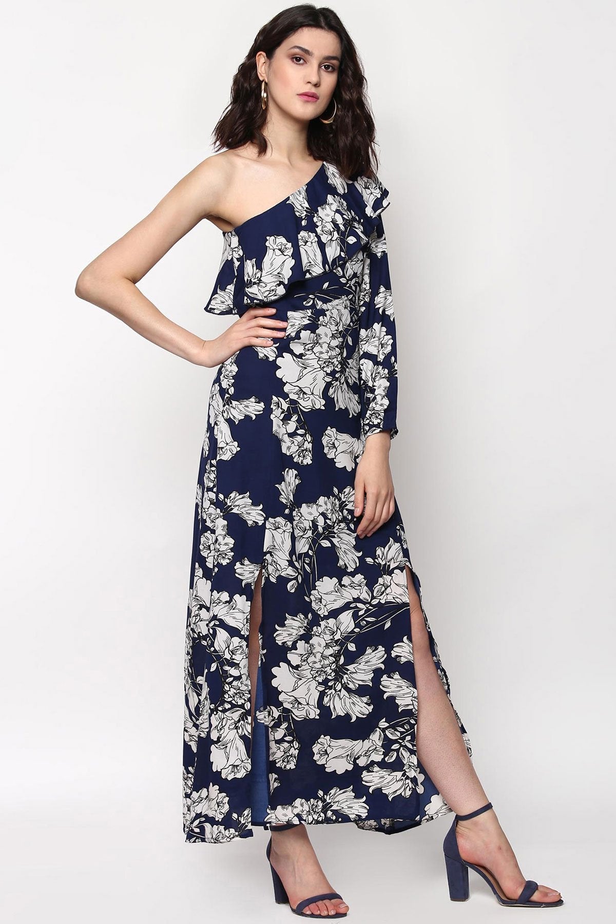 Women's Blue Floral One Shoulder Maxi Dress - SASSAFRAS