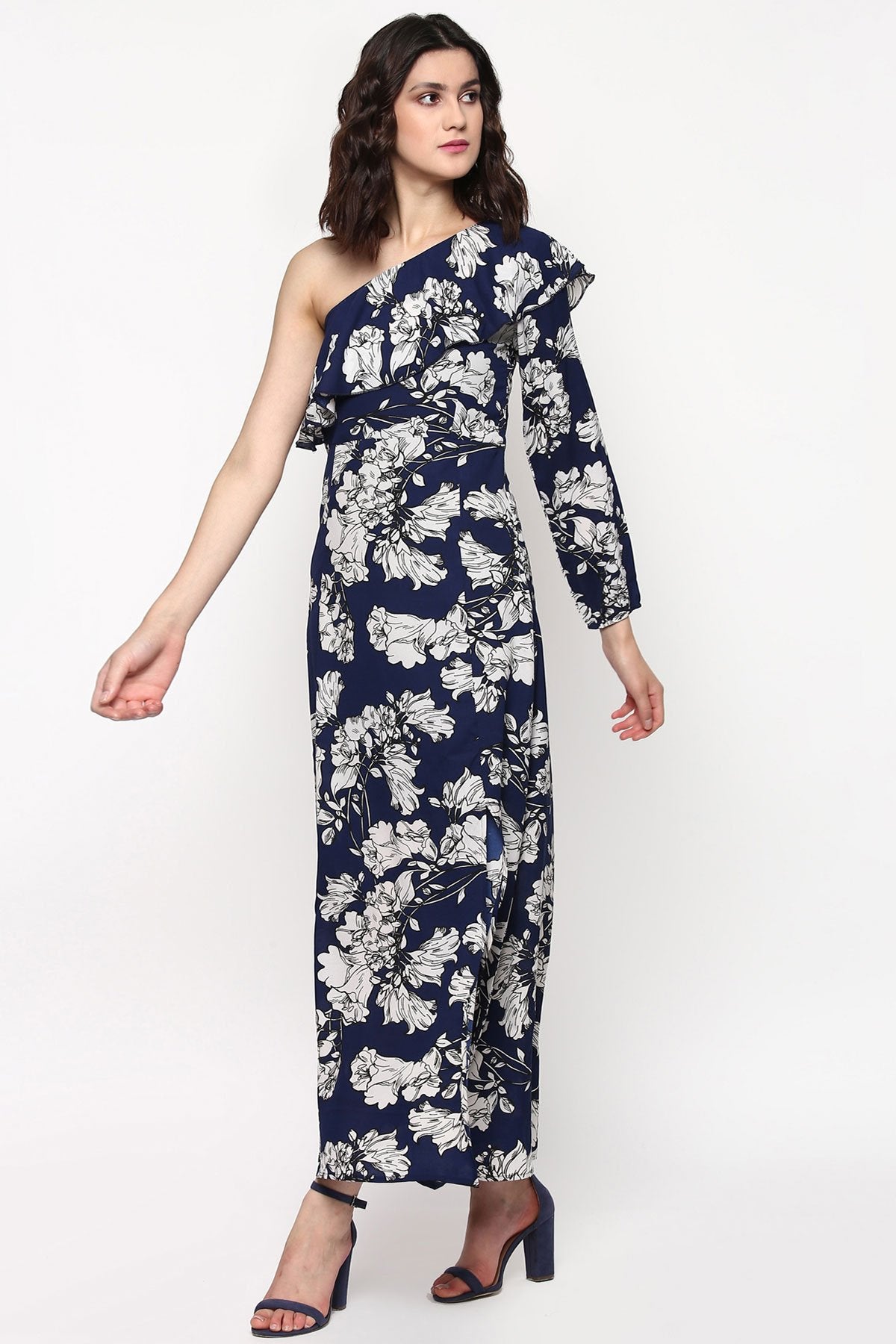 Women's Blue Floral One Shoulder Maxi Dress - SASSAFRAS