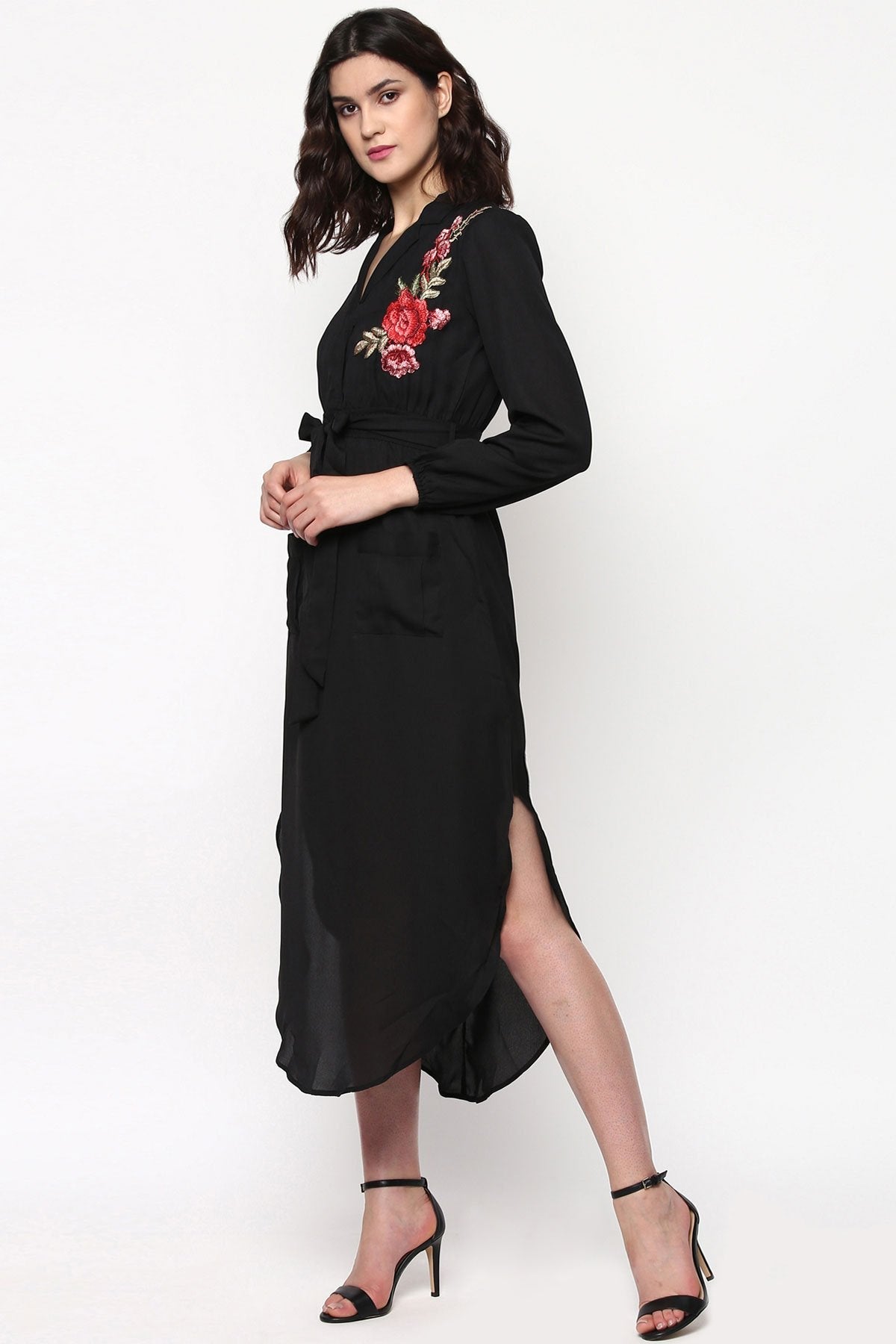 Women's Black Embroidered Patch Belted Maxi Dress - SASSAFRAS