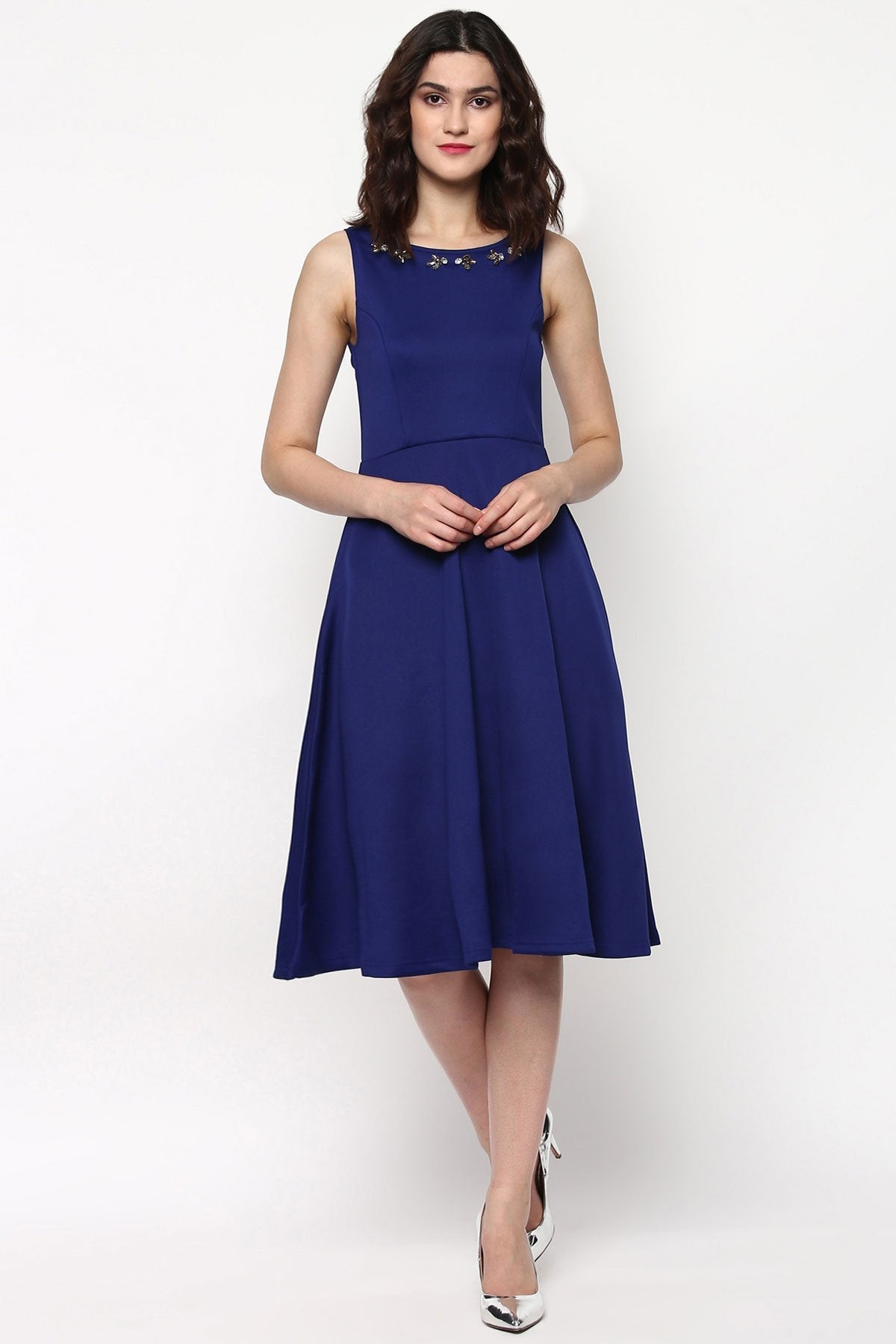 Women's Royal Blue Scuba Embellished Midi Dress - SASSAFRAS