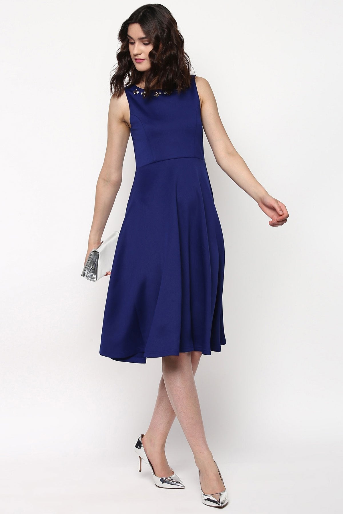 Women's Royal Blue Scuba Embellished Midi Dress - SASSAFRAS