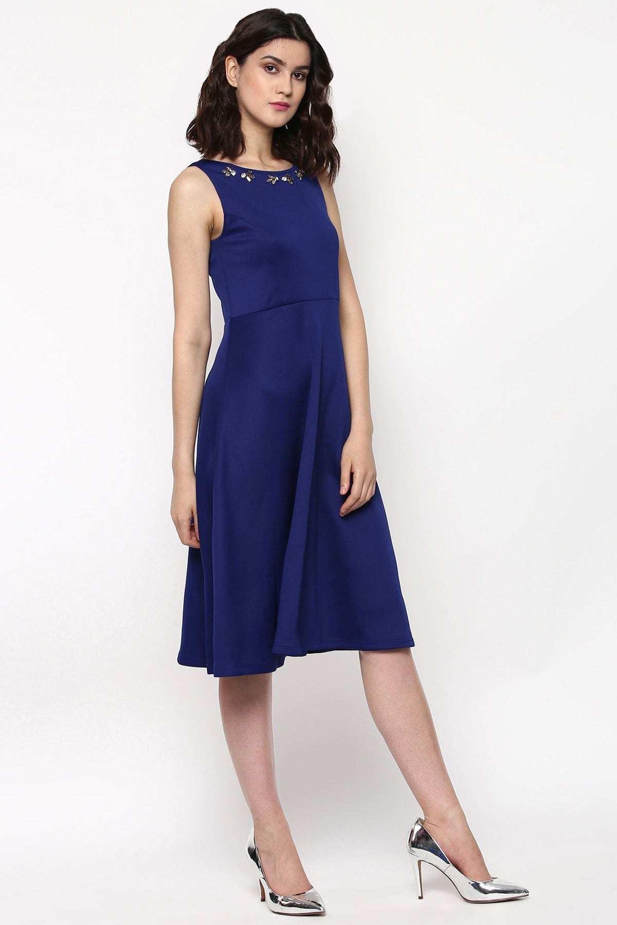 Women's Royal Blue Scuba Embellished Midi Dress - SASSAFRAS