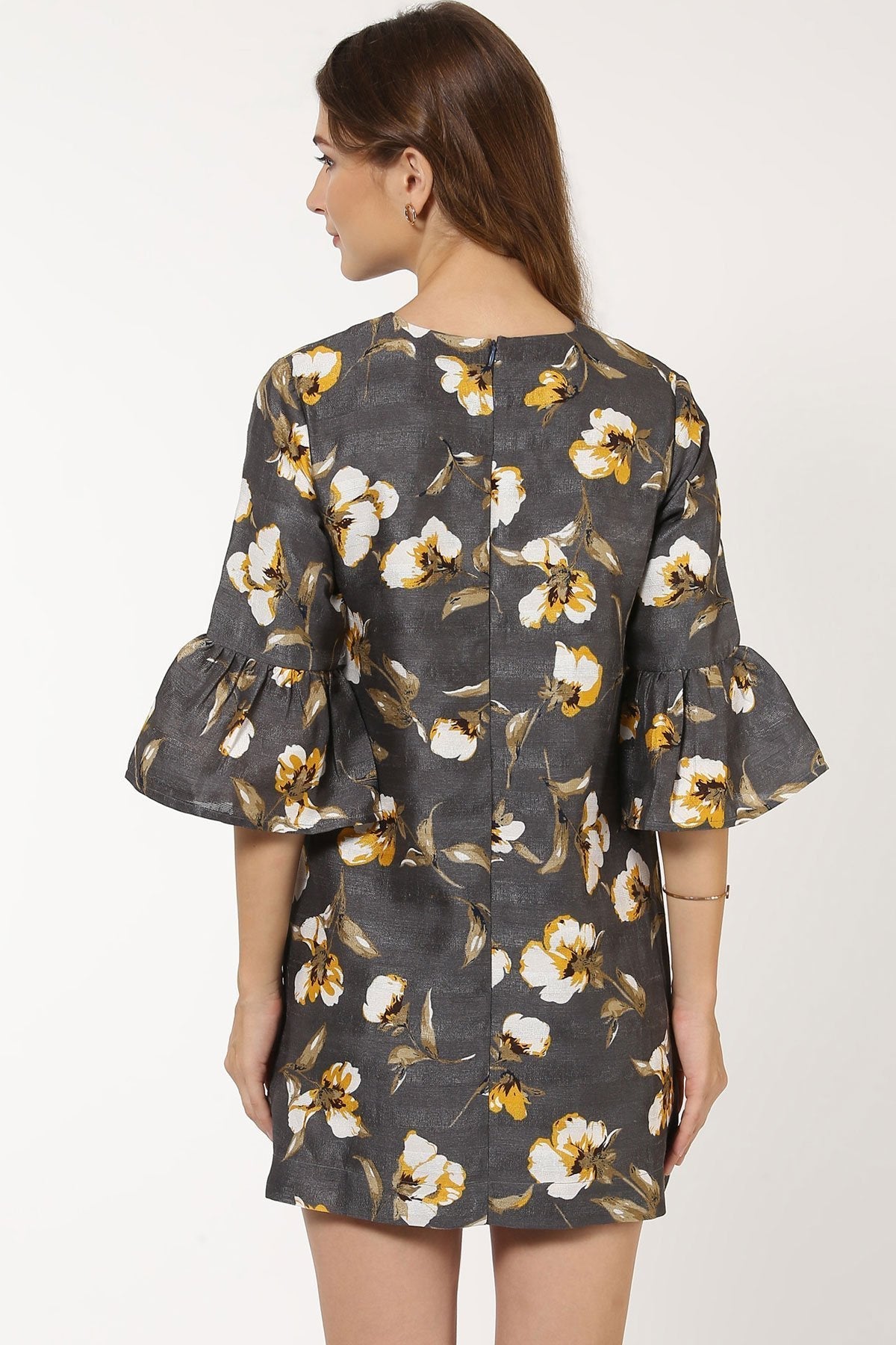 Women's Grey Floral Silk Dress - SASSAFRAS