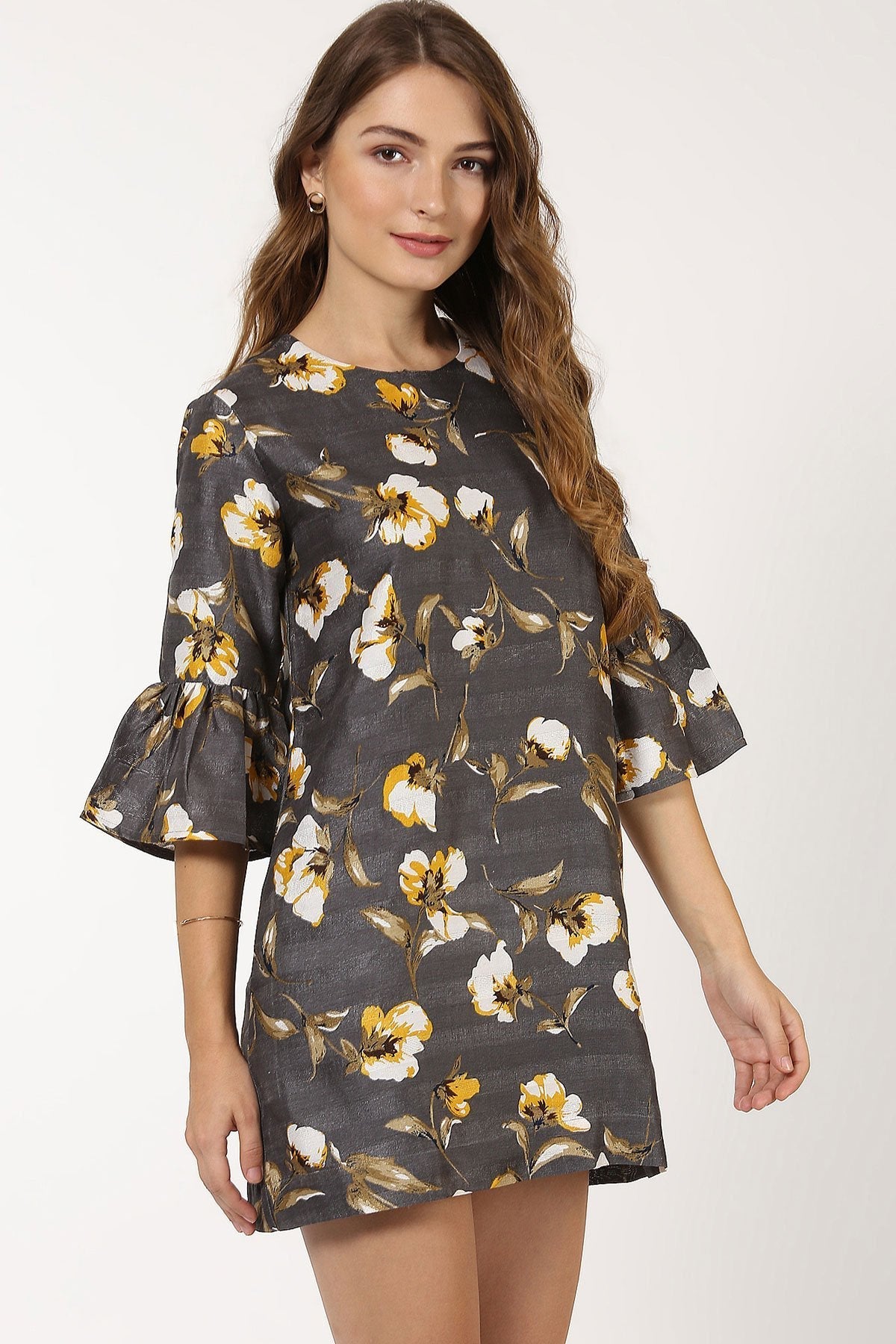 Women's Grey Floral Silk Dress - SASSAFRAS