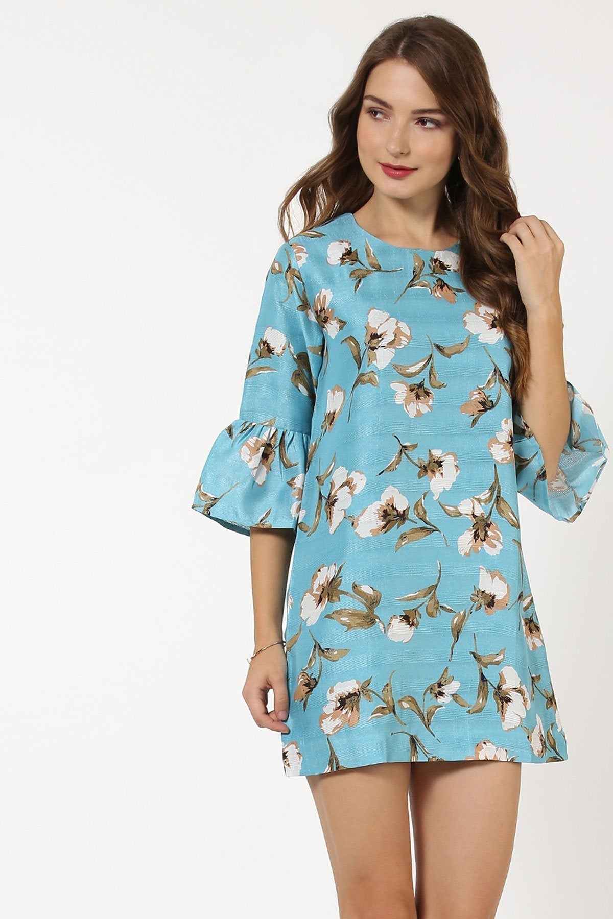 Women's Turquoise Floral Silk Dress - SASSAFRAS