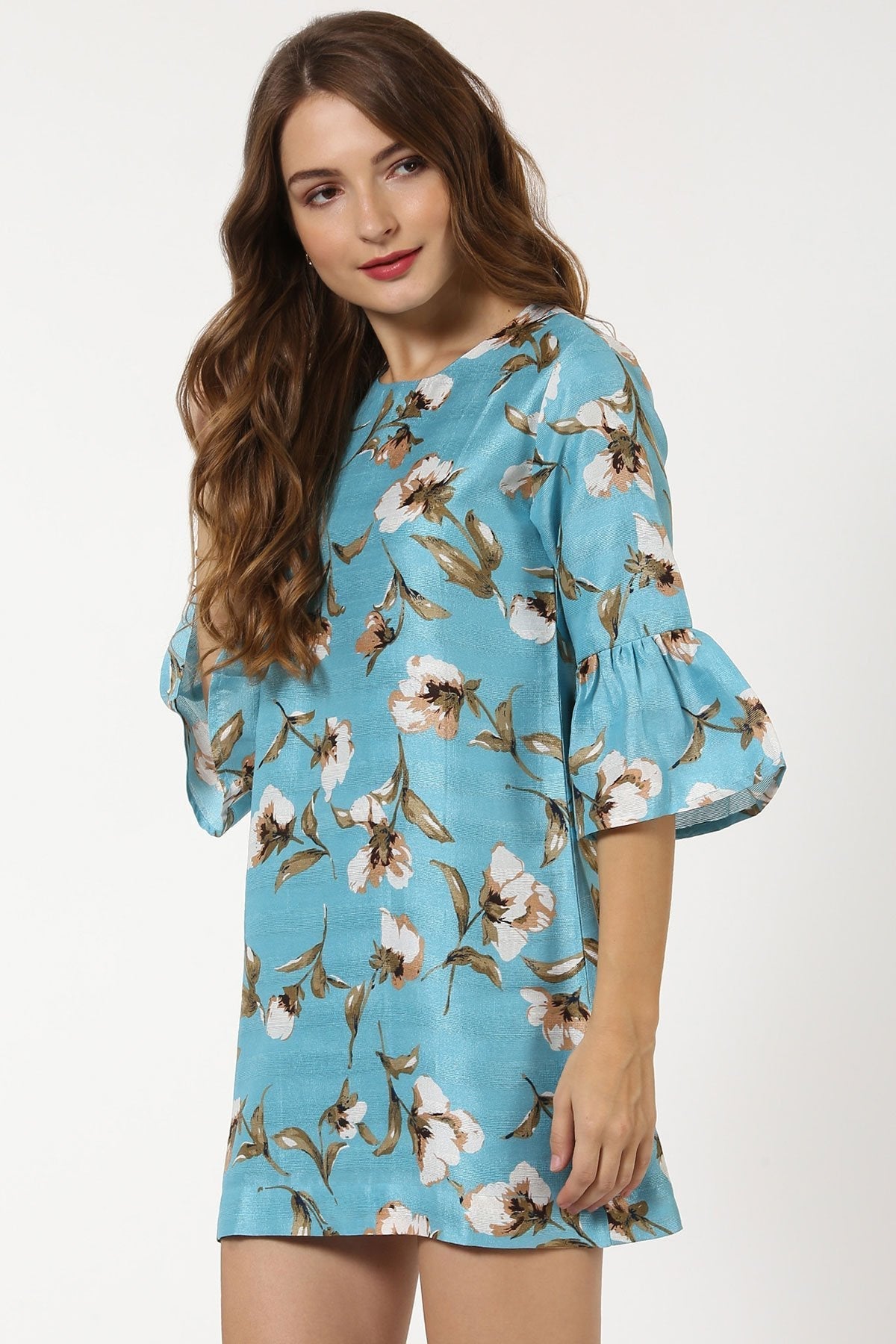 Women's Turquoise Floral Silk Dress - SASSAFRAS