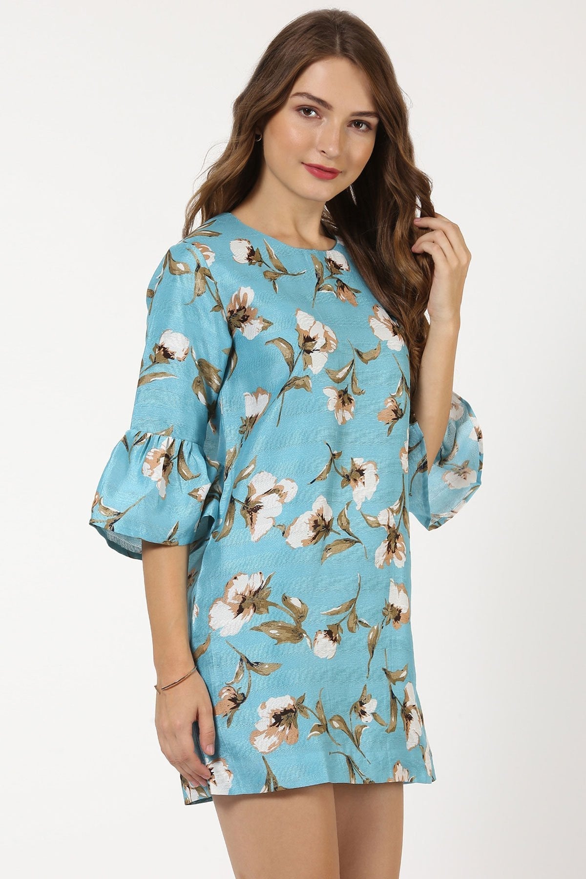 Women's Turquoise Floral Silk Dress - SASSAFRAS