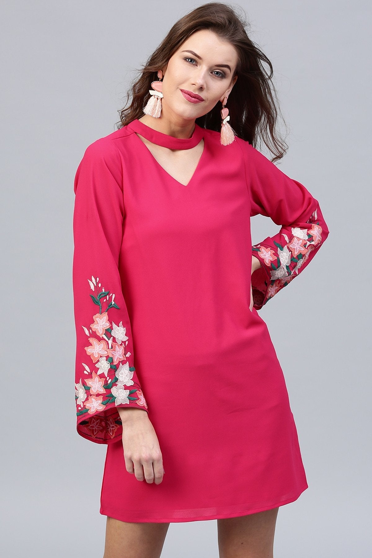 Women's Fuchsia Embroidered Sleeve Choker Dress - SASSAFRAS