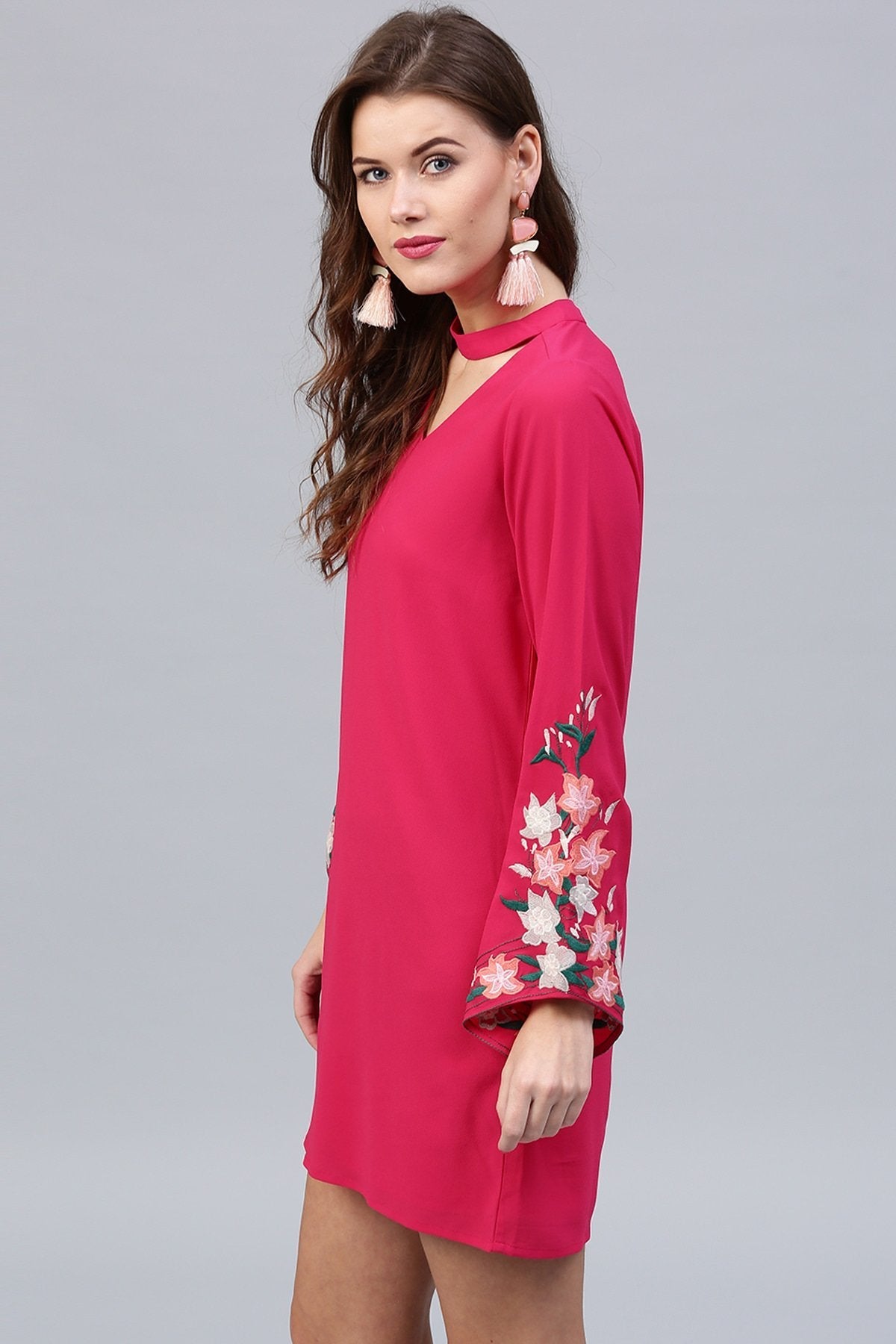 Women's Fuchsia Embroidered Sleeve Choker Dress - SASSAFRAS