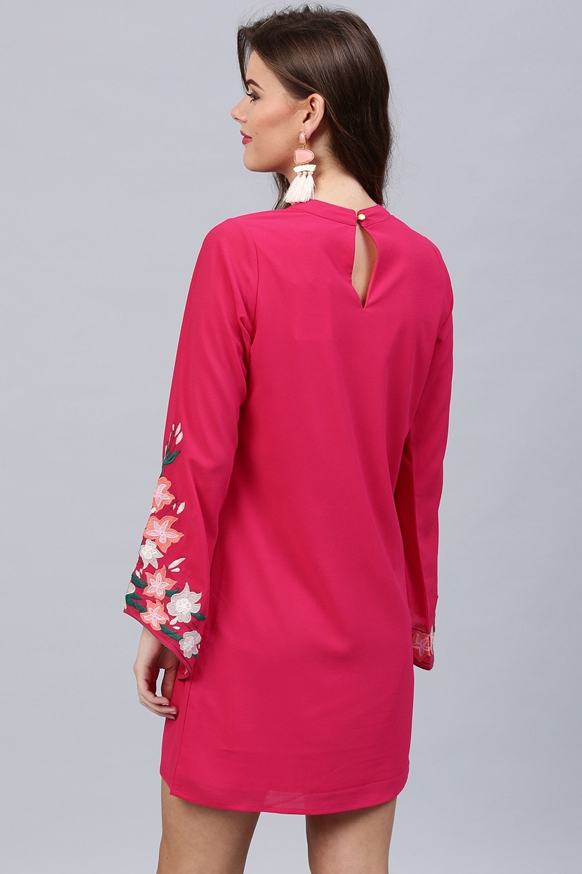 Women's Fuchsia Embroidered Sleeve Choker Dress - SASSAFRAS