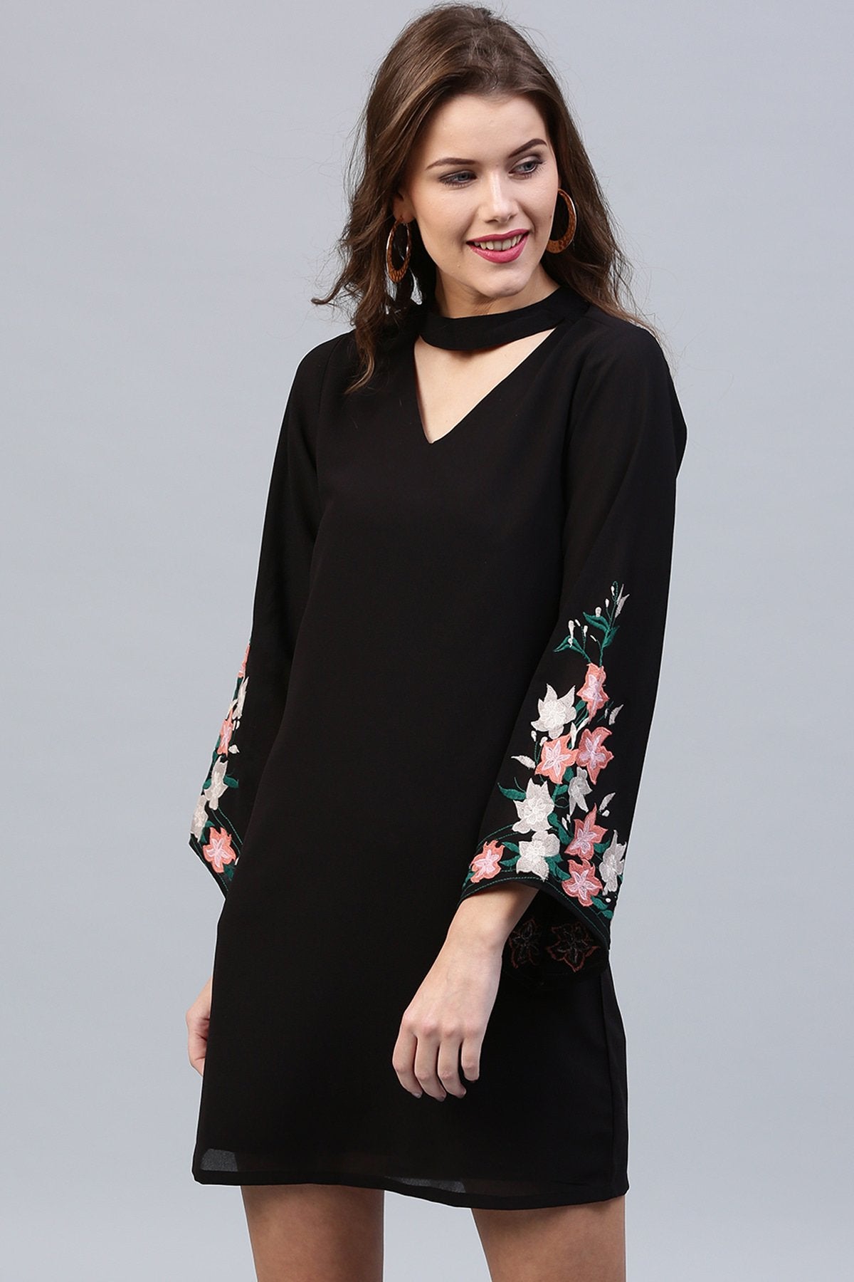 Women's Black Embroidered Sleeve Choker Dress - SASSAFRAS