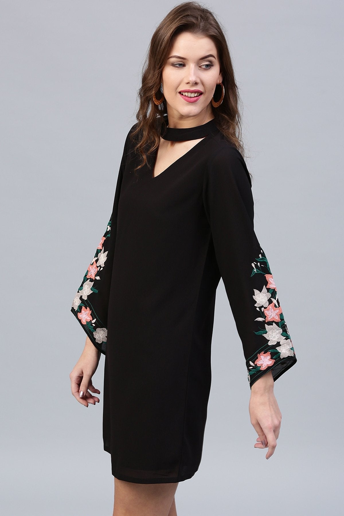 Women's Black Embroidered Sleeve Choker Dress - SASSAFRAS