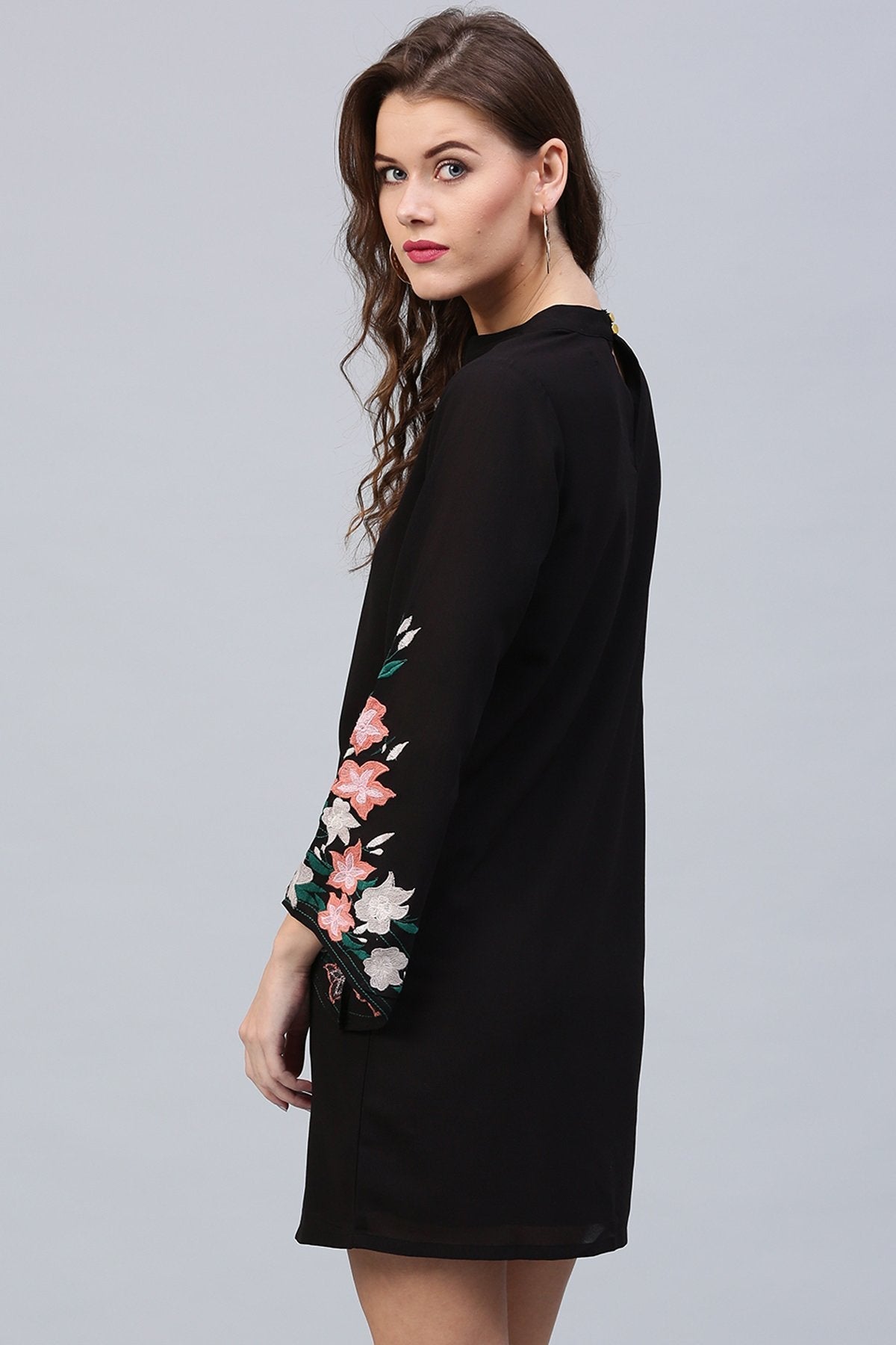 Women's Black Embroidered Sleeve Choker Dress - SASSAFRAS