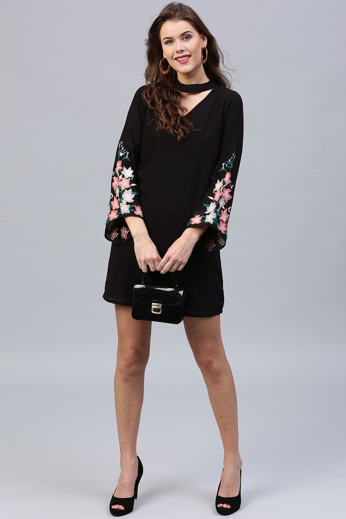 Women's Black Embroidered Sleeve Choker Dress - SASSAFRAS