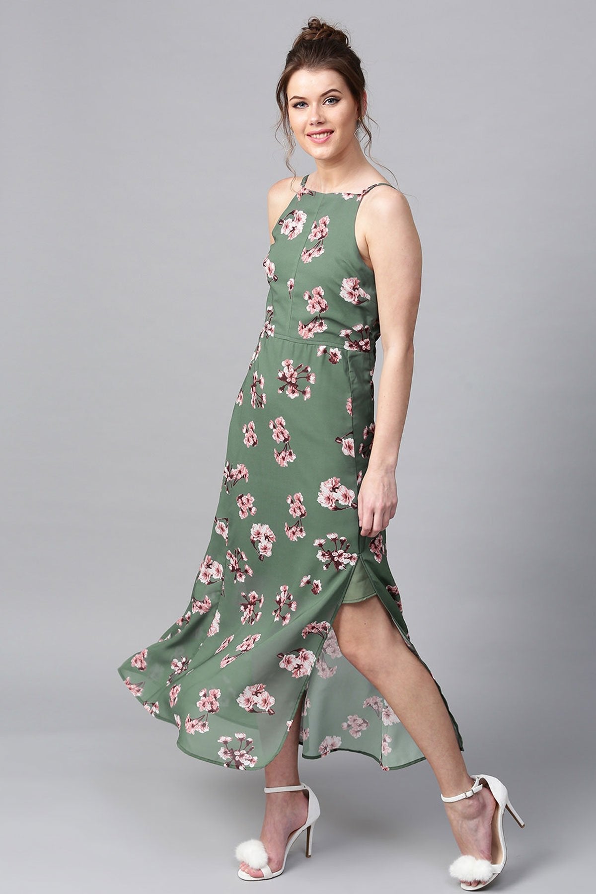 Women's Green Floral Halter Maxi - SASSAFRAS