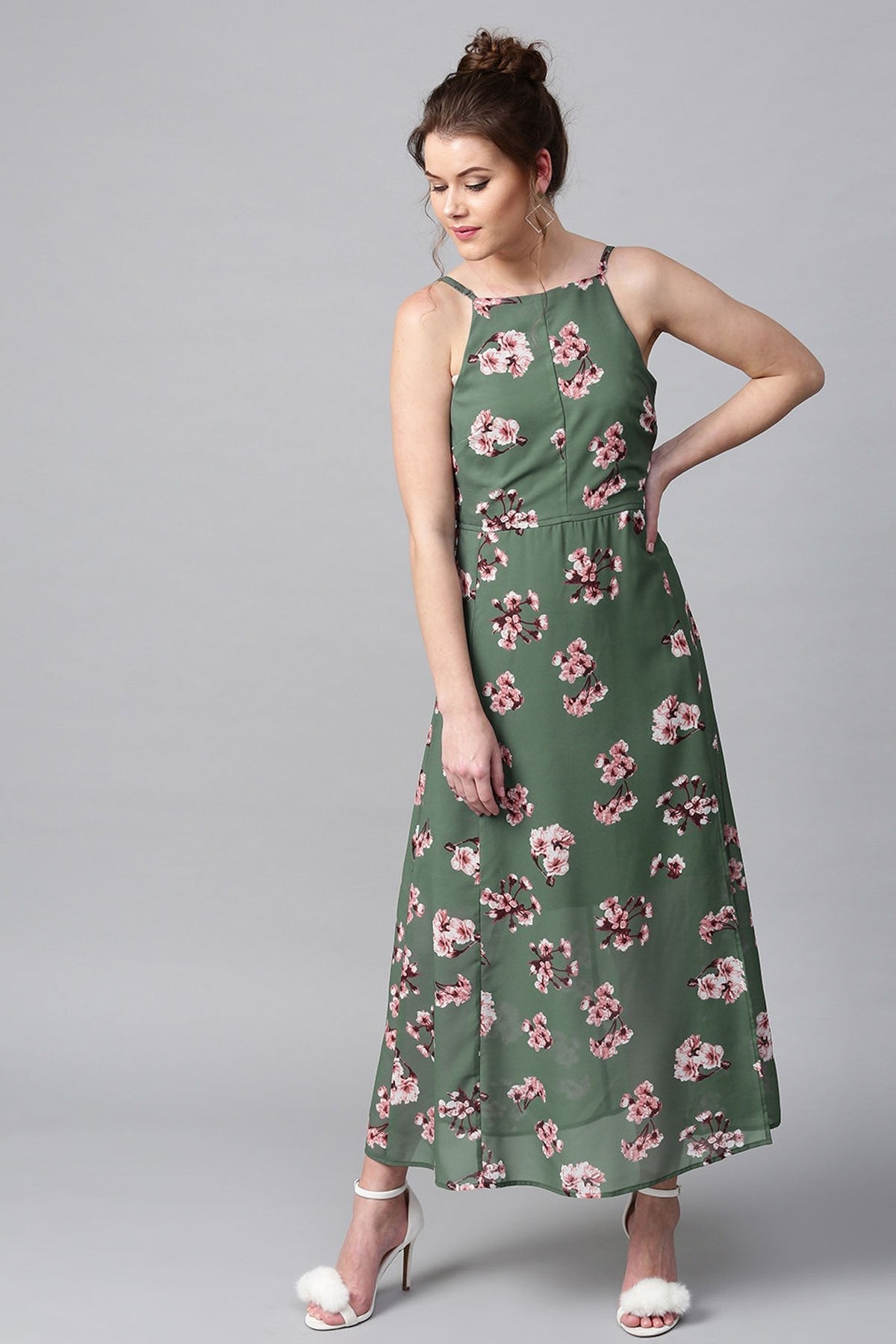 Women's Green Floral Halter Maxi - SASSAFRAS