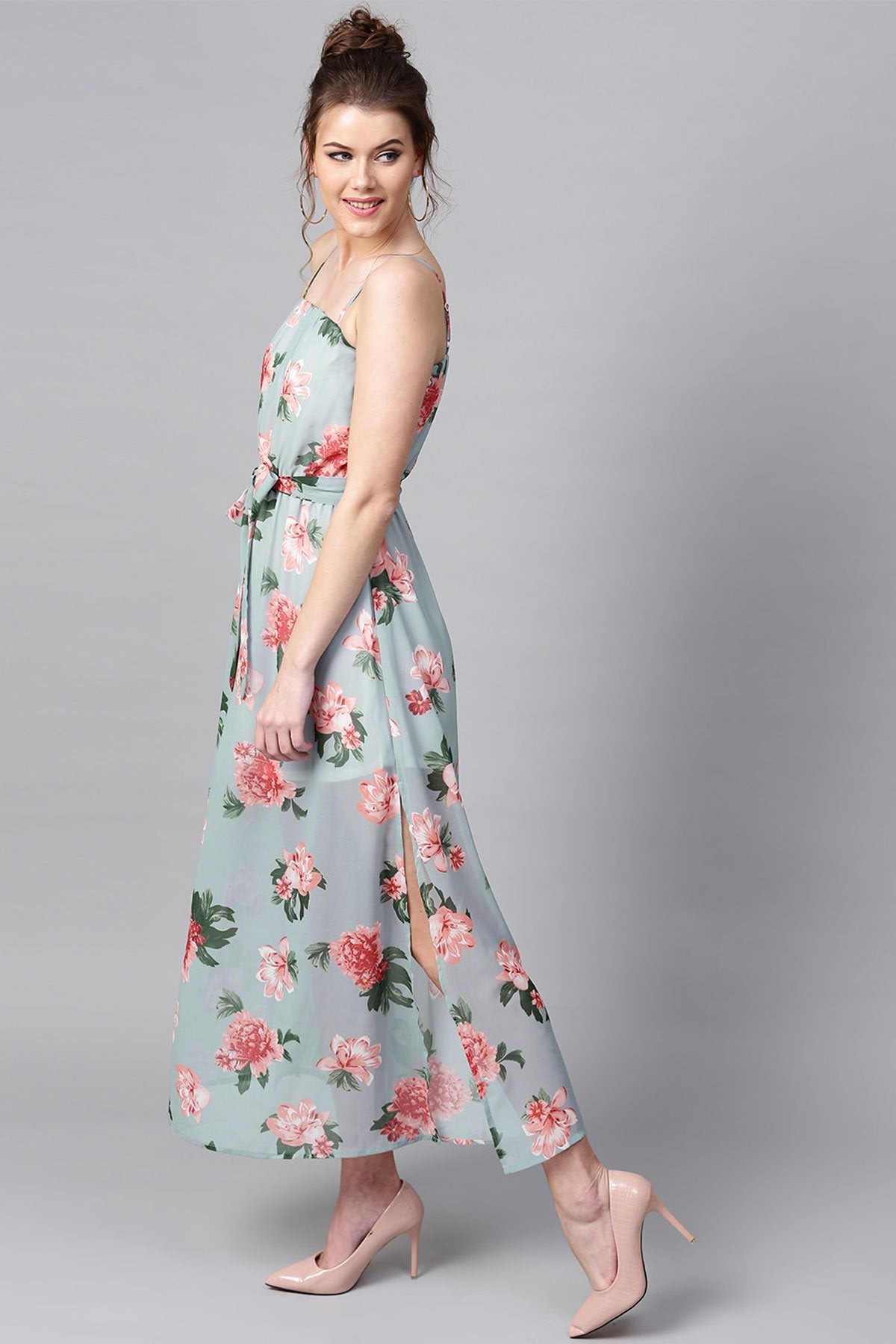 Women's Blue Floral Belted Maxi - SASSAFRAS