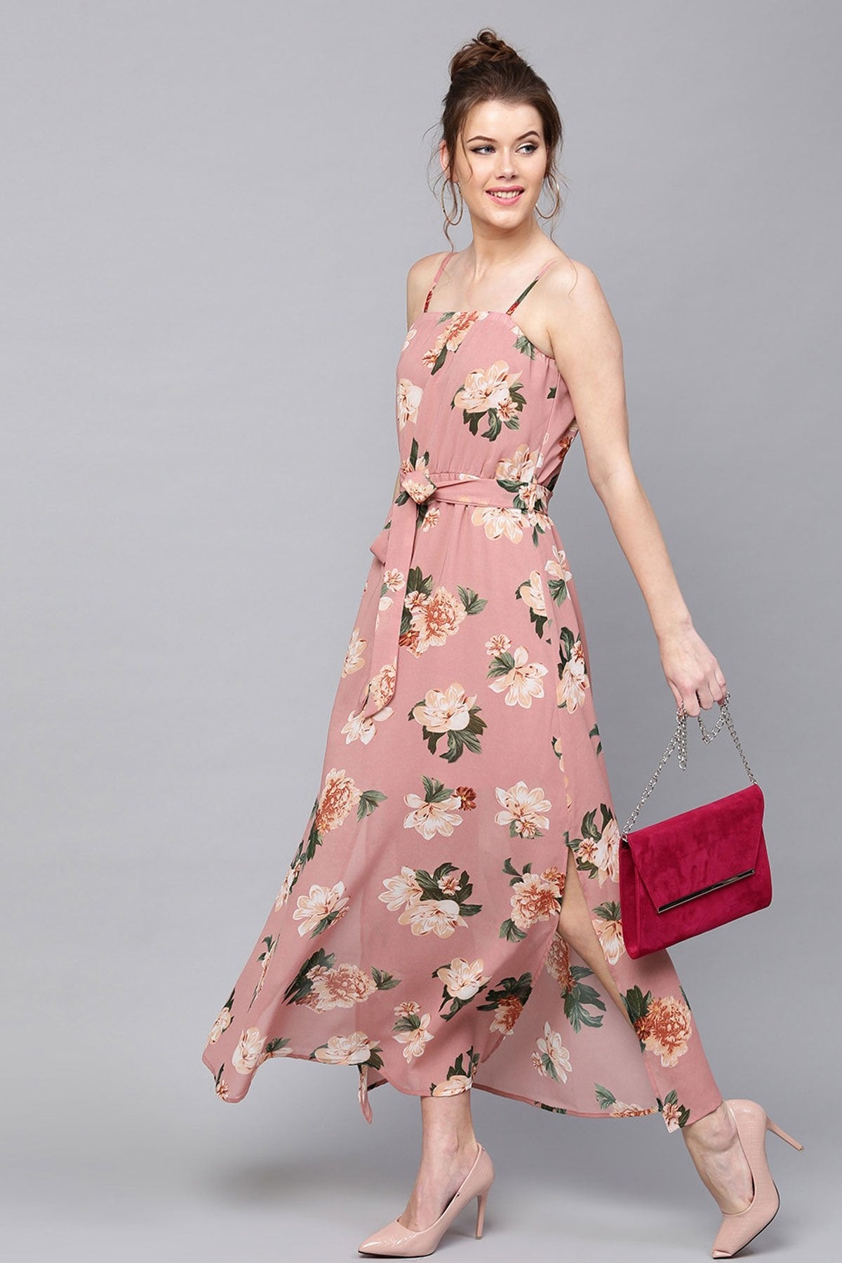 Women's Baked Pink Floral Belted Maxi - SASSAFRAS