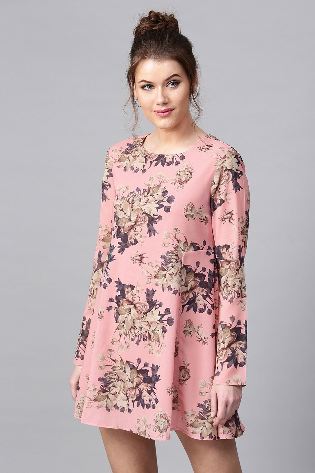 Women's Millennial Pink Floral A-Line Dress - SASSAFRAS