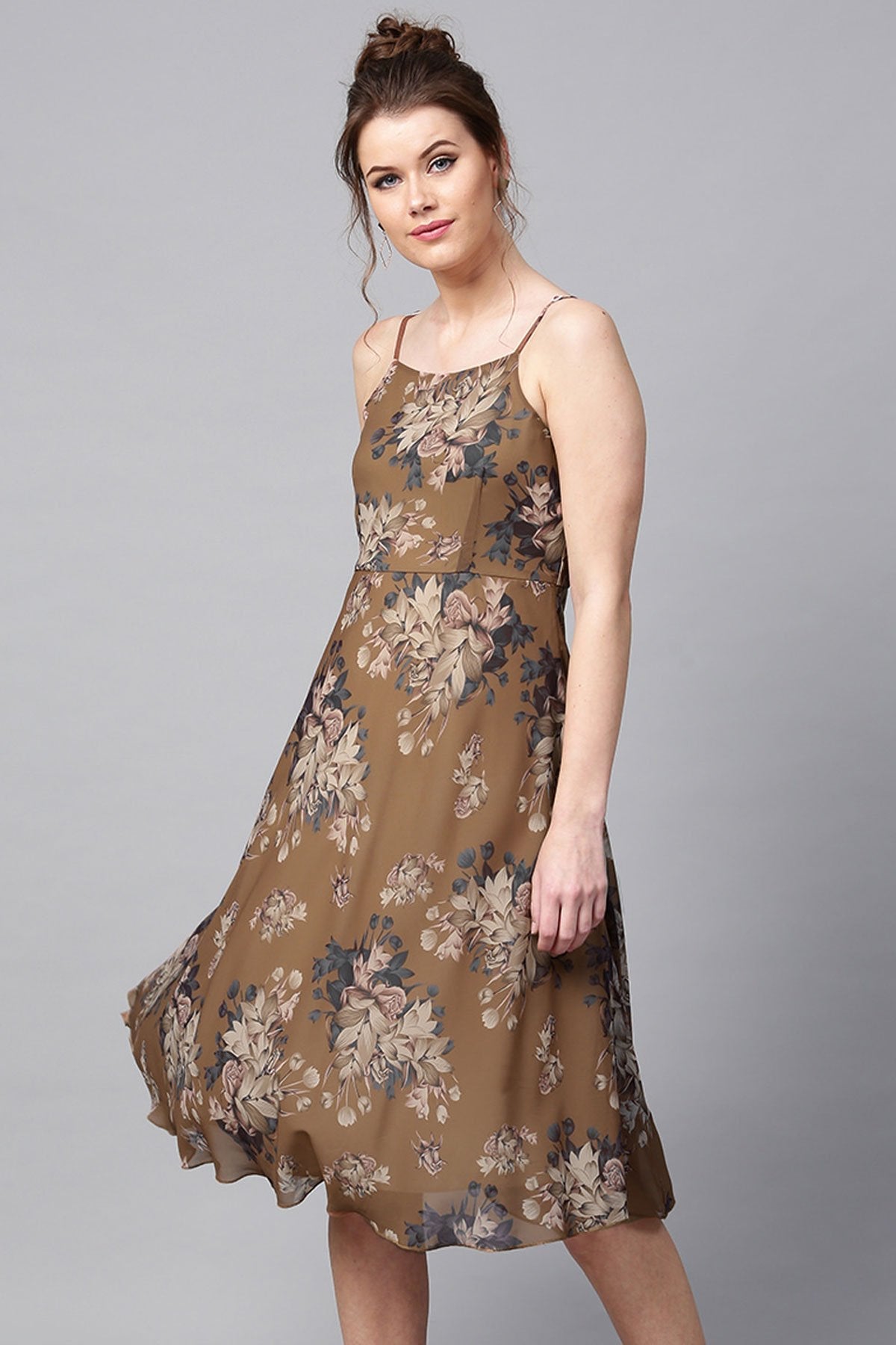 Women's Brown Floral Midi Strap Dress - SASSAFRAS