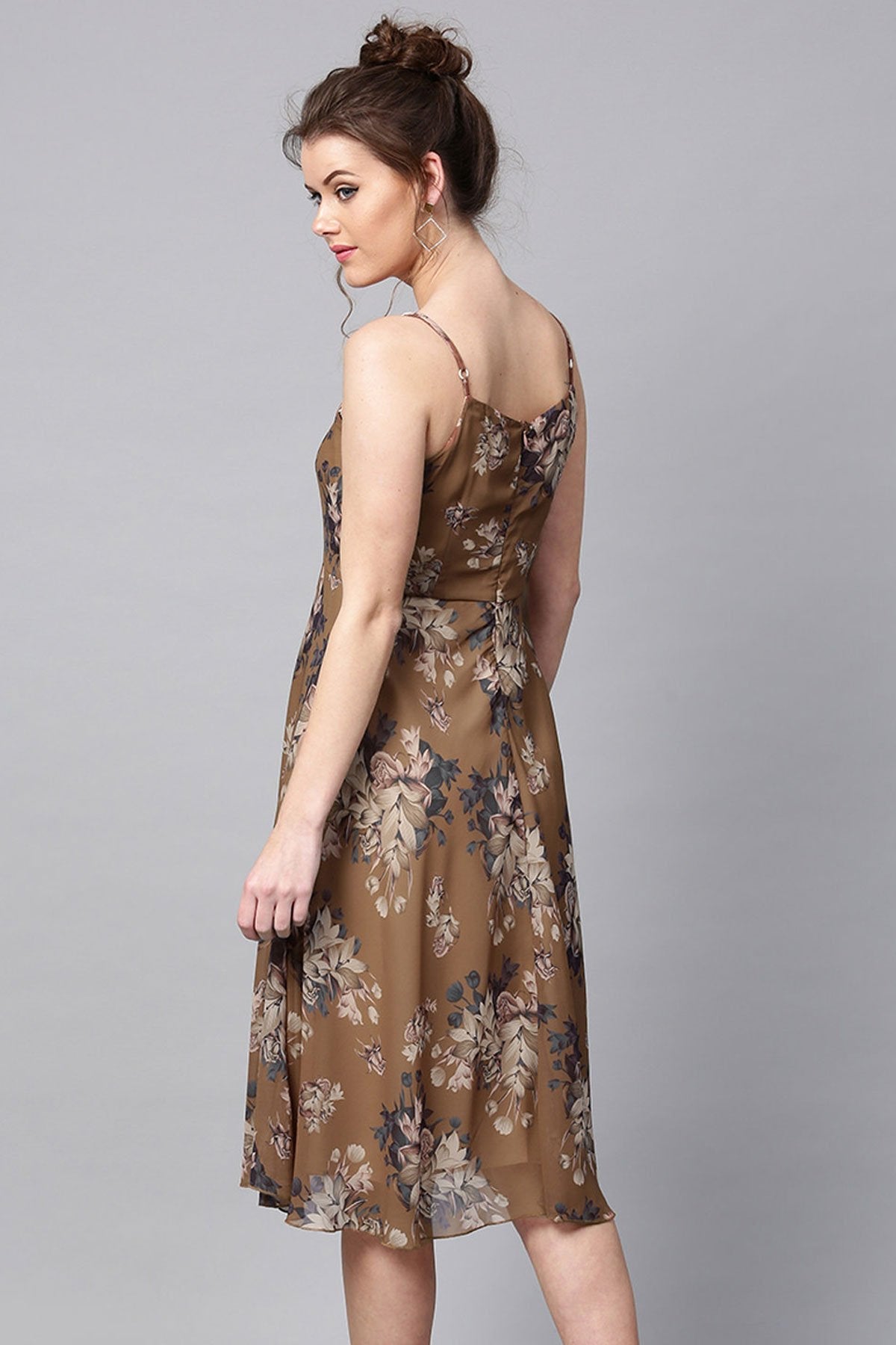 Women's Brown Floral Midi Strap Dress - SASSAFRAS