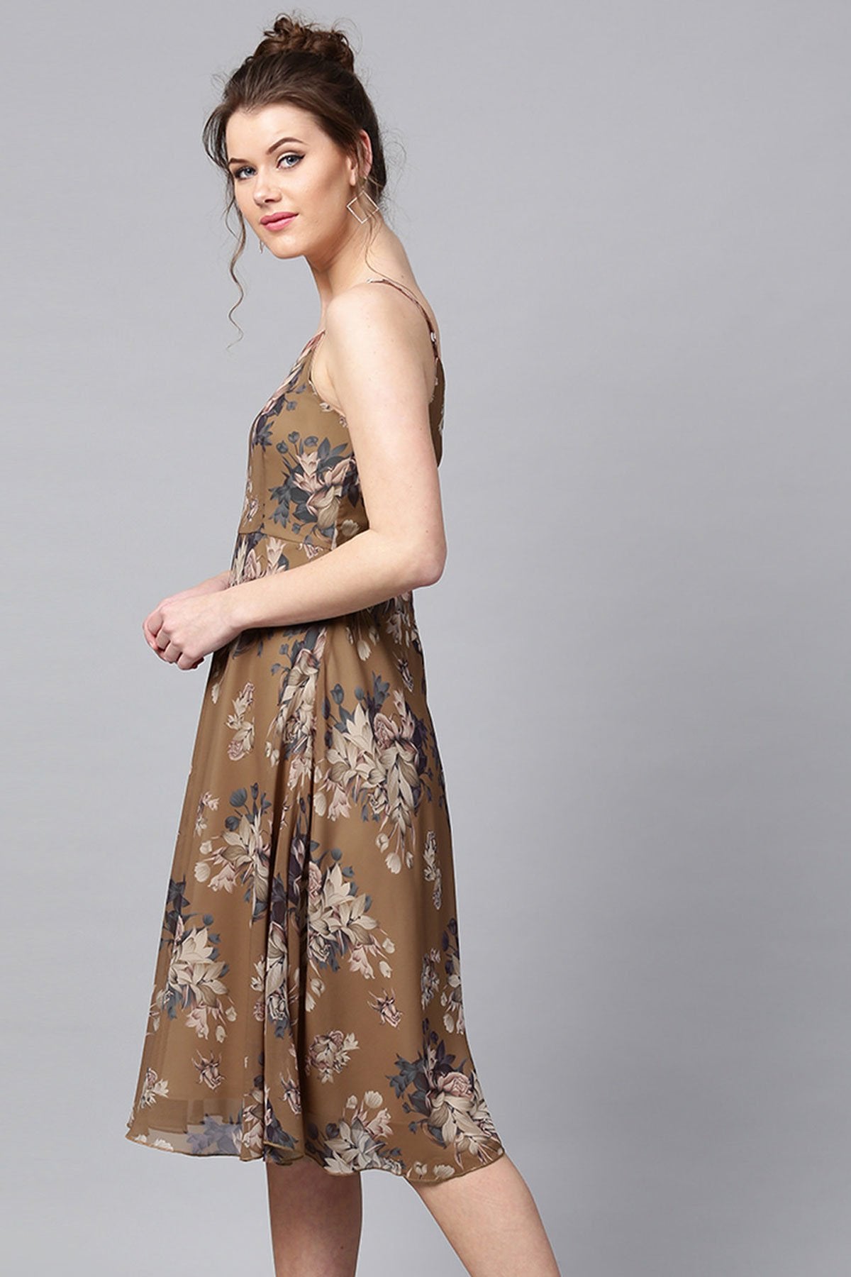 Women's Brown Floral Midi Strap Dress - SASSAFRAS