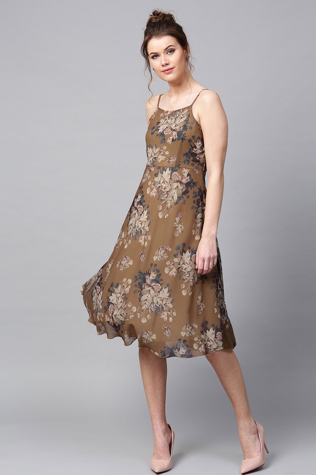 Women's Brown Floral Midi Strap Dress - SASSAFRAS