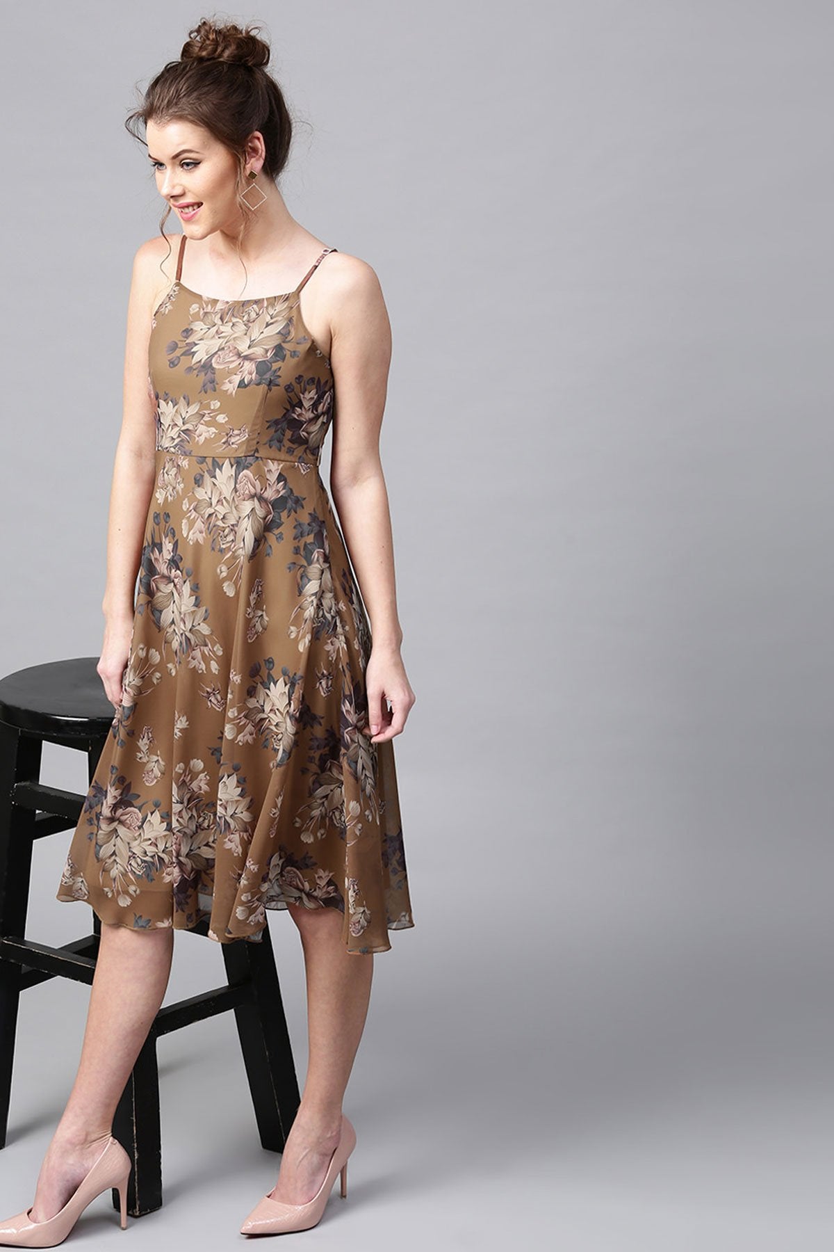 Women's Brown Floral Midi Strap Dress - SASSAFRAS