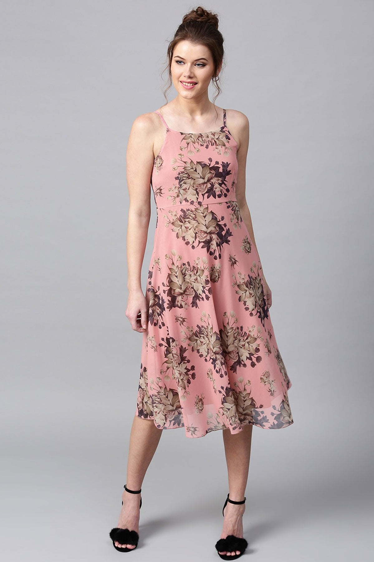 Women's Millennial Pink Floral Midi Strap Dress - SASSAFRAS