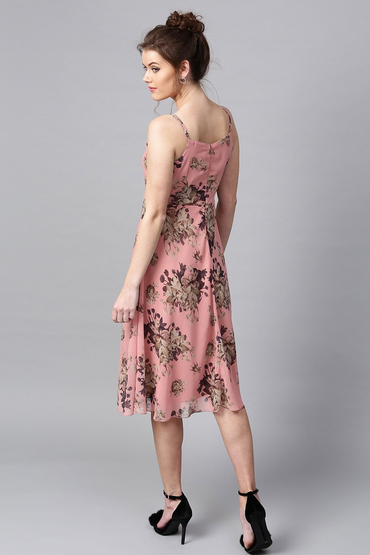 Women's Millennial Pink Floral Midi Strap Dress - SASSAFRAS