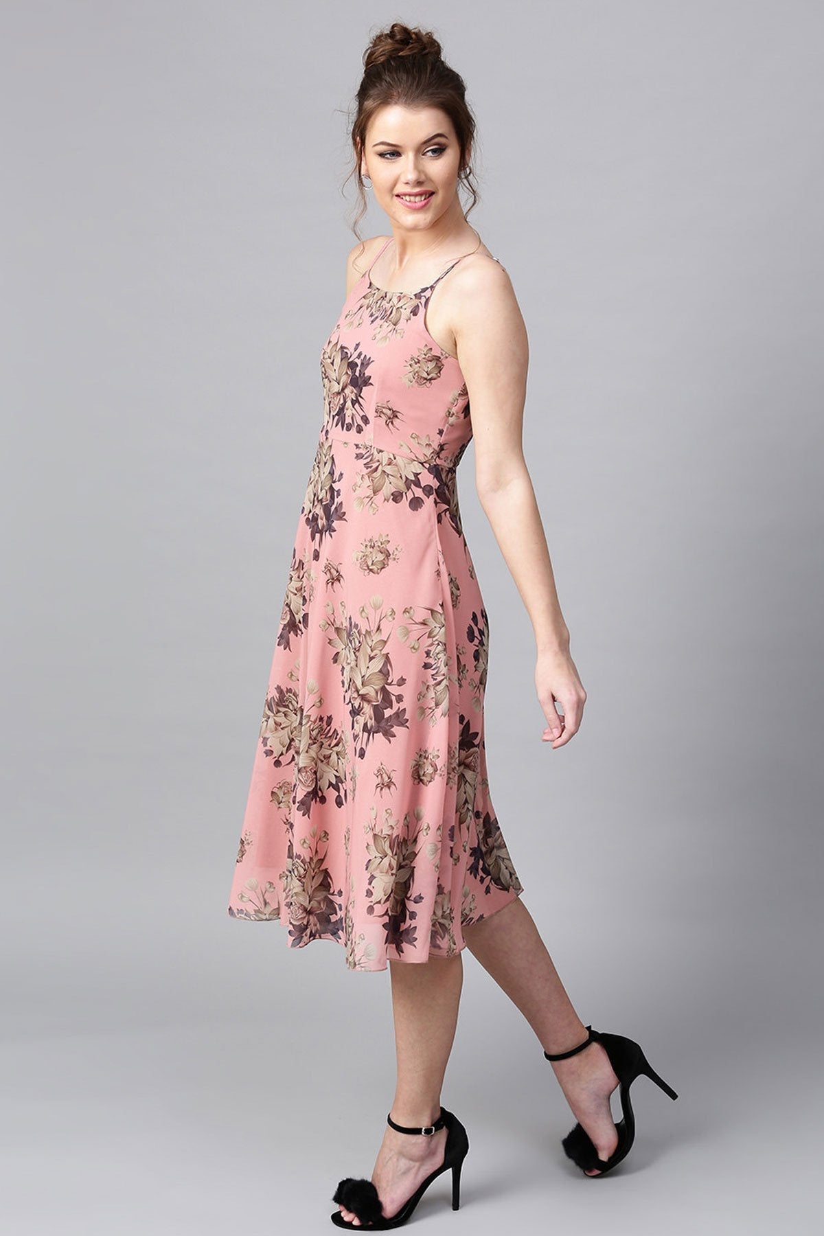 Women's Millennial Pink Floral Midi Strap Dress - SASSAFRAS