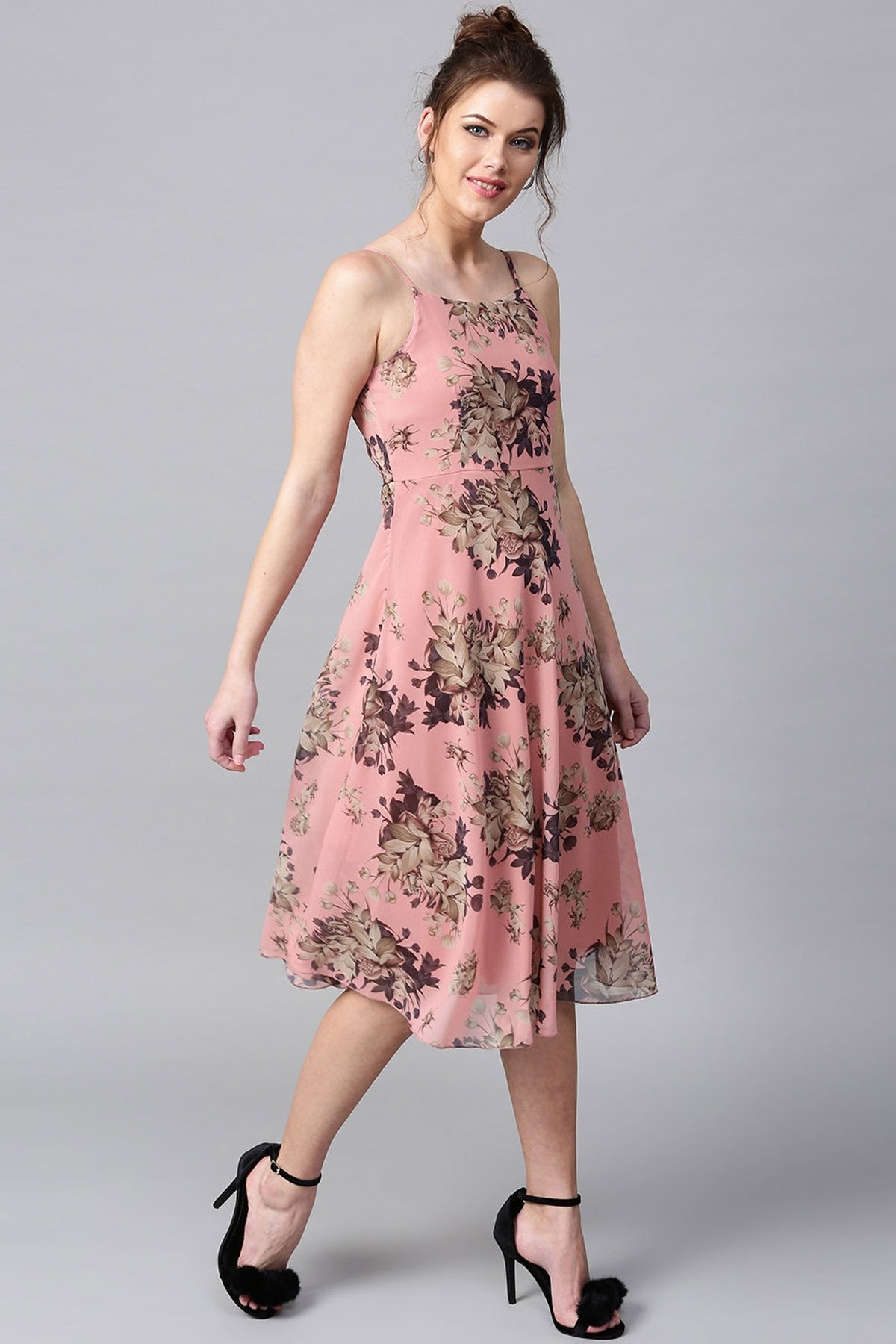 Women's Millennial Pink Floral Midi Strap Dress - SASSAFRAS