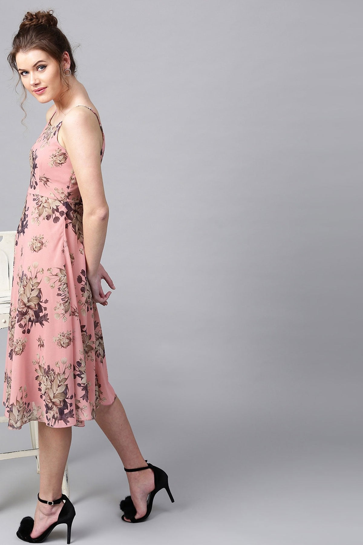 Women's Millennial Pink Floral Midi Strap Dress - SASSAFRAS