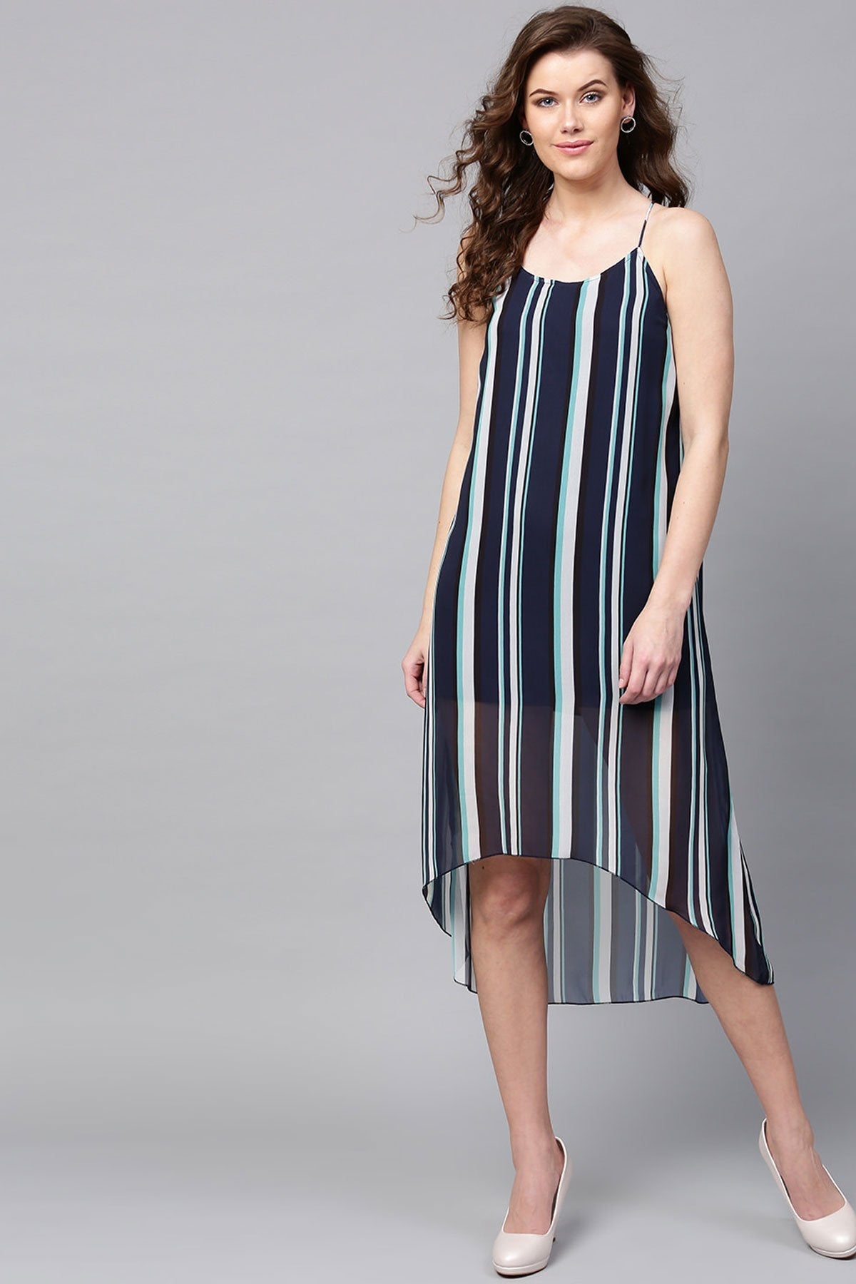 Women's Navy & Sea Green Stripes High Low Dress - SASSAFRAS