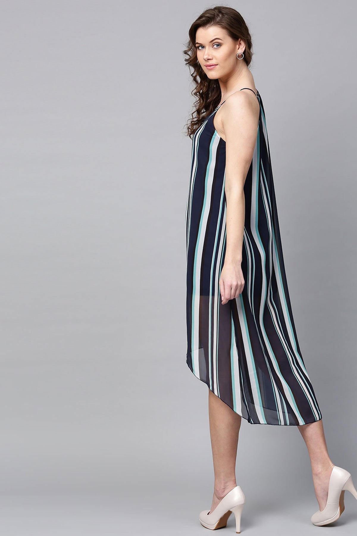 Women's Navy & Sea Green Stripes High Low Dress - SASSAFRAS