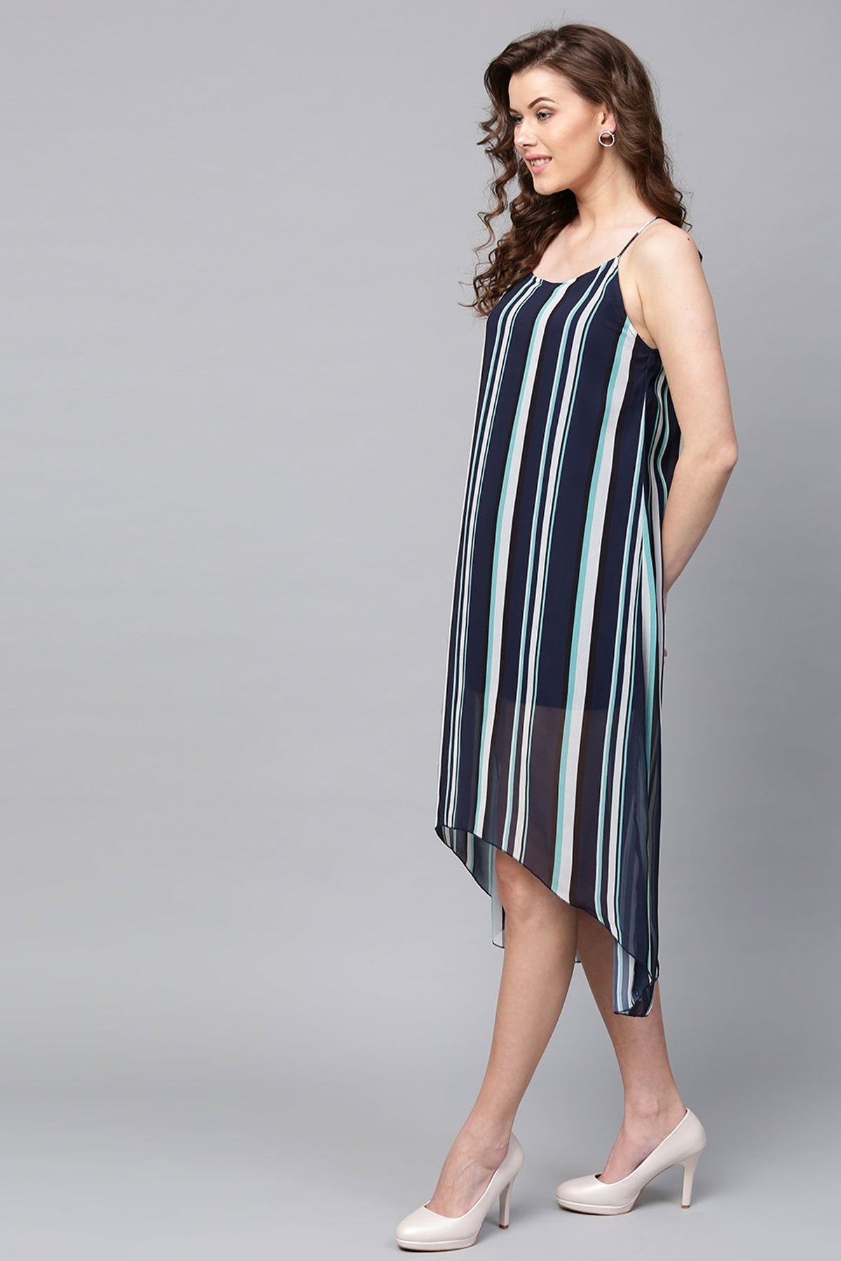 Women's Navy & Sea Green Stripes High Low Dress - SASSAFRAS