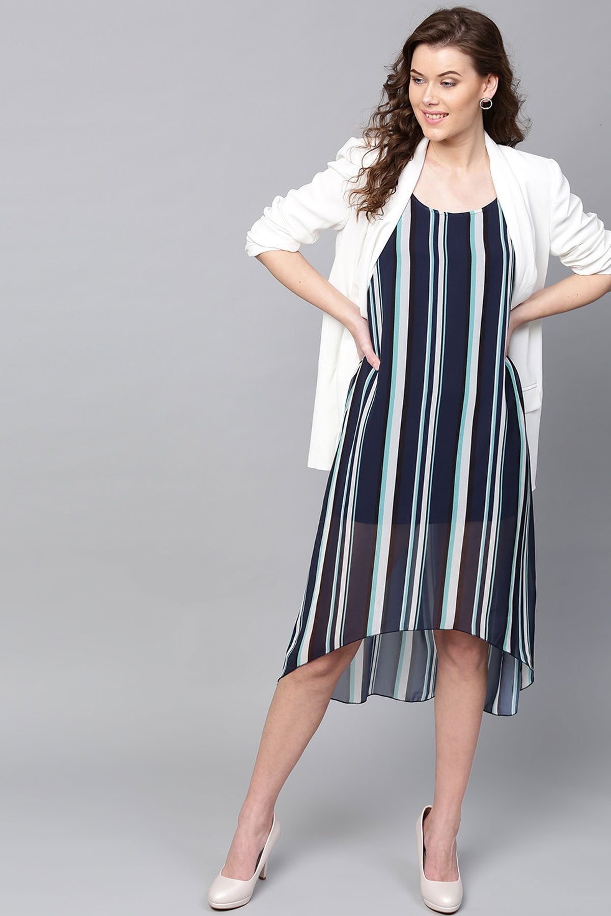 Women's Navy & Sea Green Stripes High Low Dress - SASSAFRAS