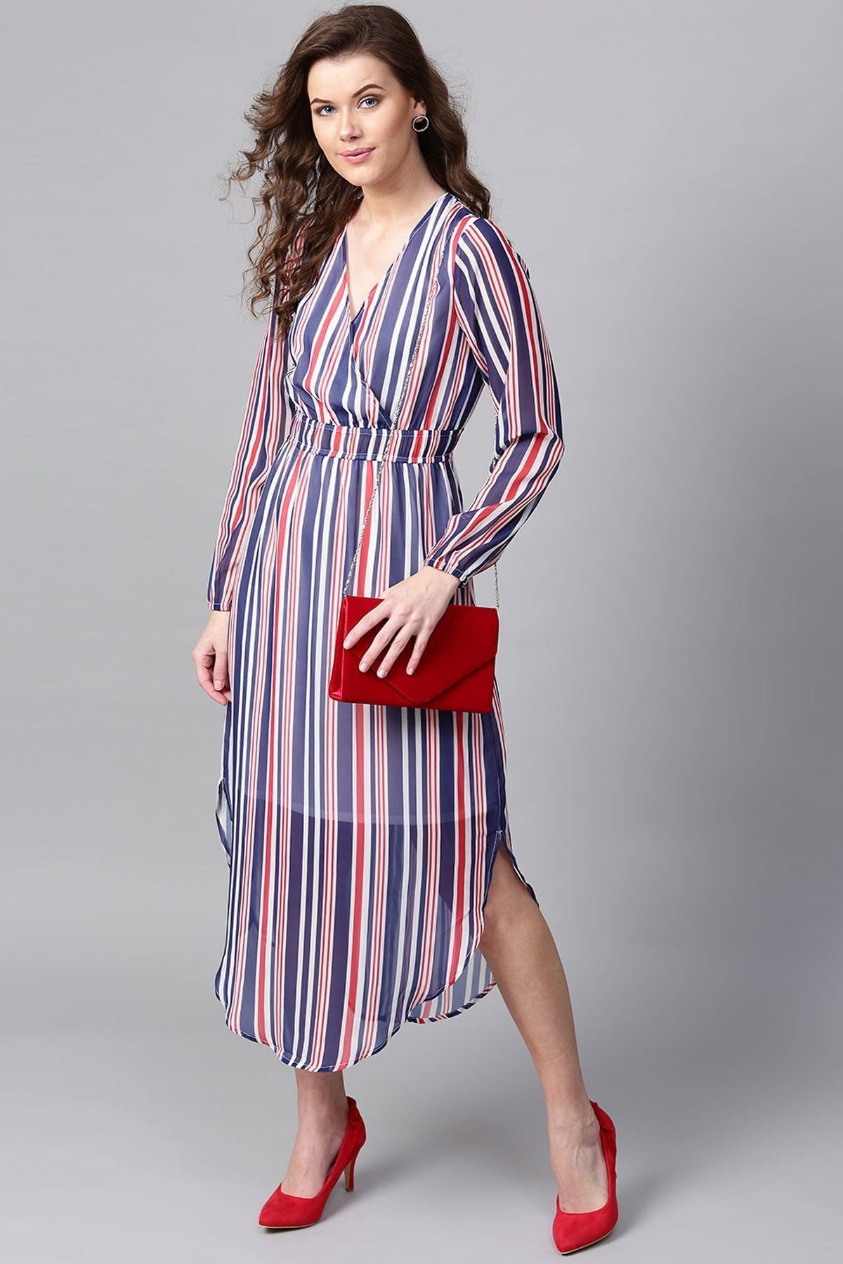 Women's Navy & Red Stripes Round Hem Maxi - SASSAFRAS