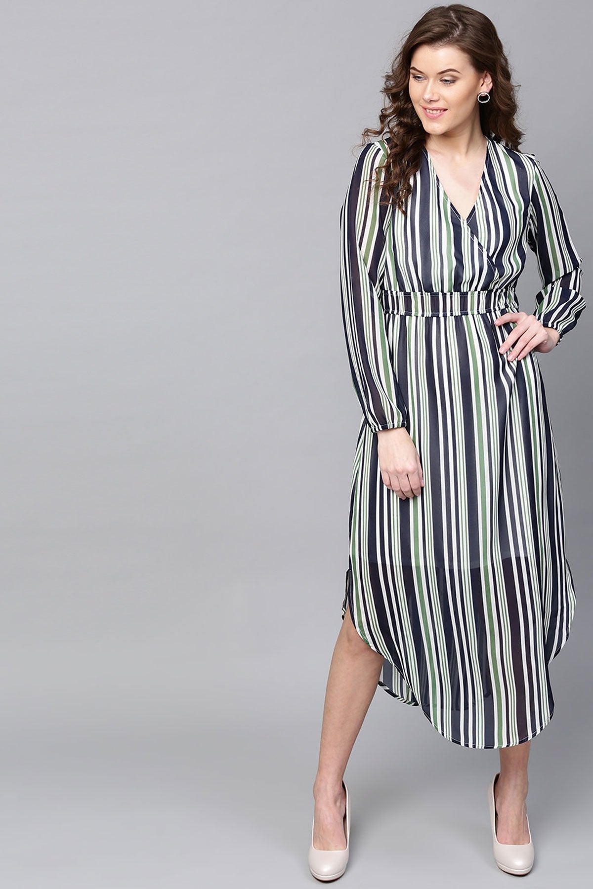 Women's Navy & Dark Green Stripes Round Hem Maxi - SASSAFRAS