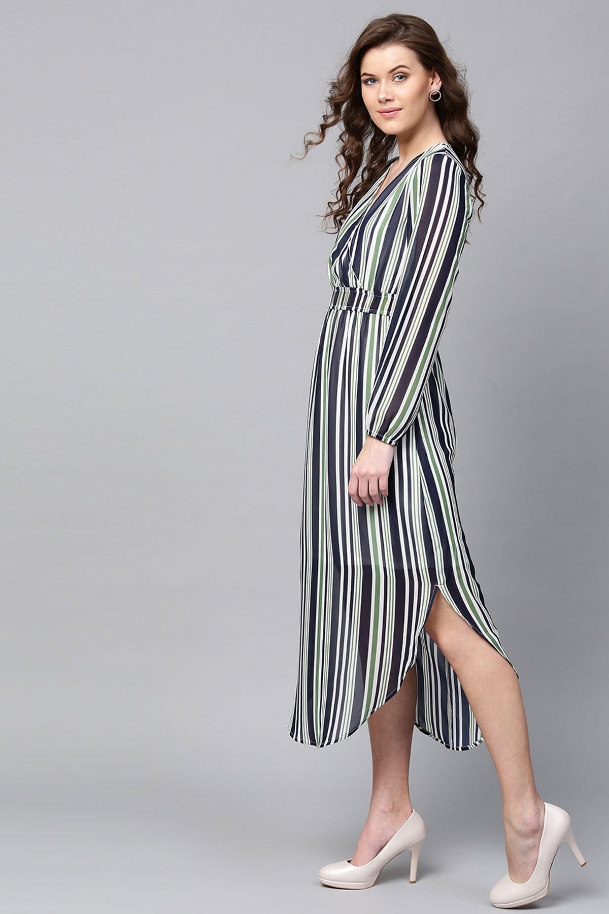 Women's Navy & Dark Green Stripes Round Hem Maxi - SASSAFRAS