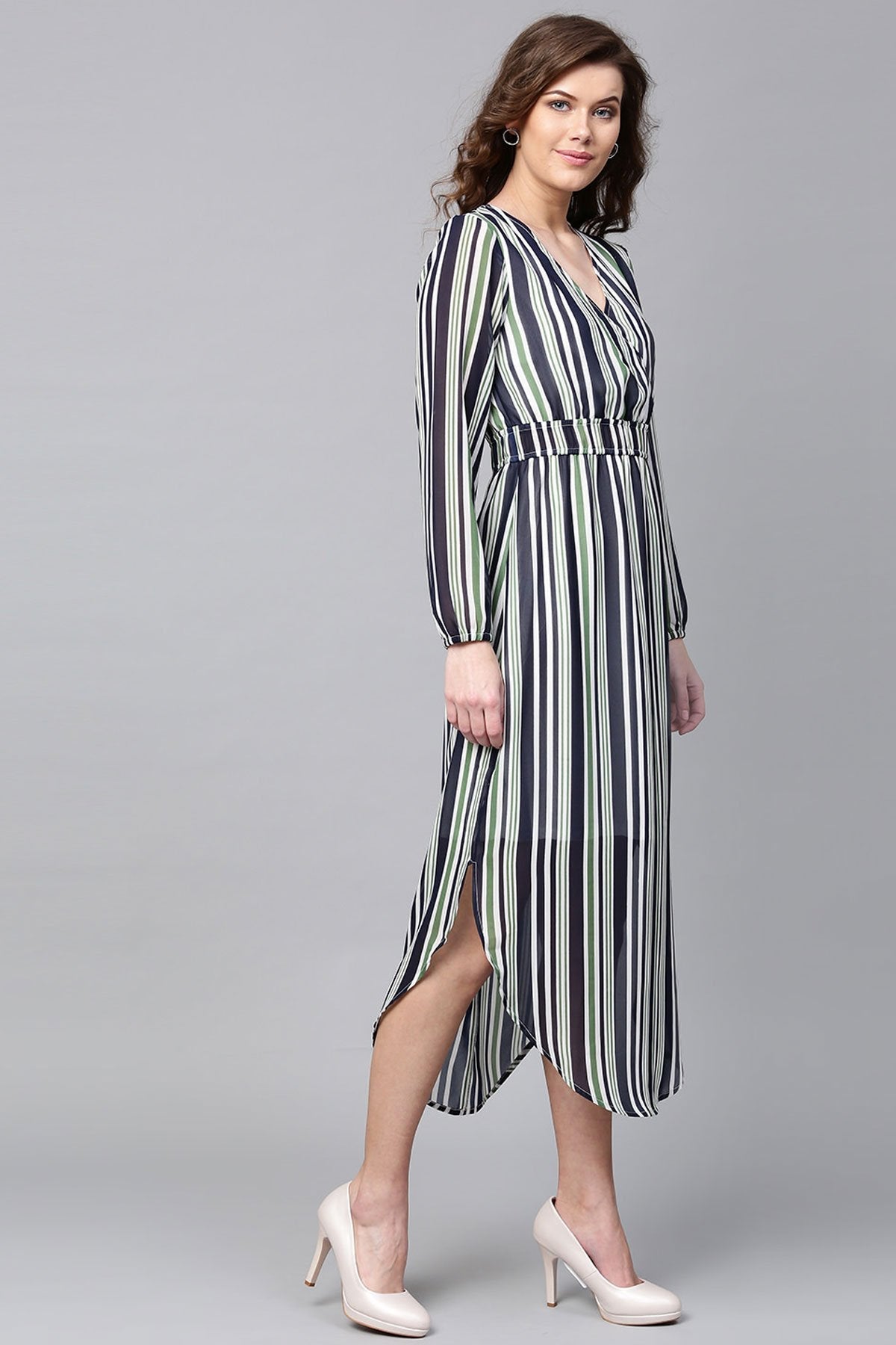 Women's Navy & Dark Green Stripes Round Hem Maxi - SASSAFRAS