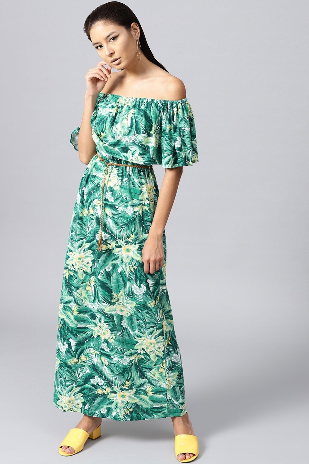 Women's Green Tropical Off Shoulder Belted Maxi - SASSAFRAS