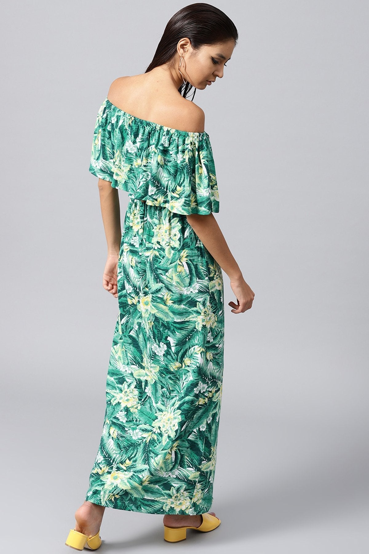 Women's Green Tropical Off Shoulder Belted Maxi - SASSAFRAS