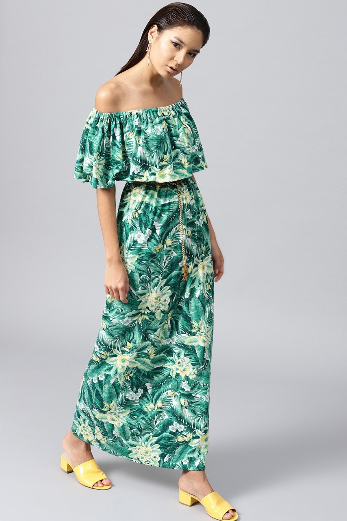 Women's Green Tropical Off Shoulder Belted Maxi - SASSAFRAS