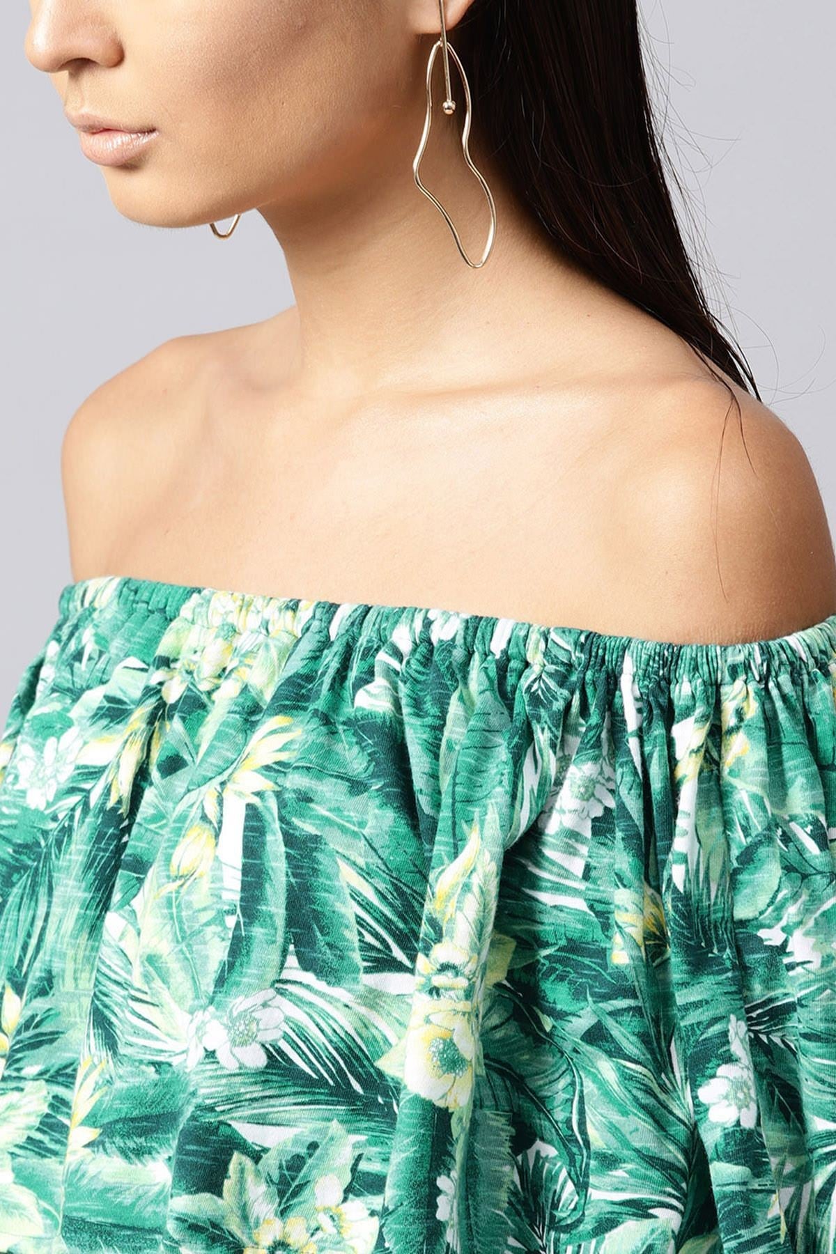 Women's Green Tropical Off Shoulder Belted Maxi - SASSAFRAS