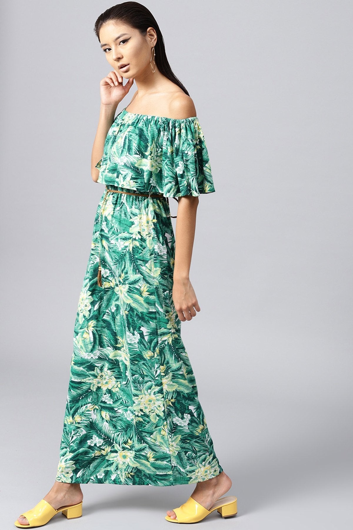 Women's Green Tropical Off Shoulder Belted Maxi - SASSAFRAS