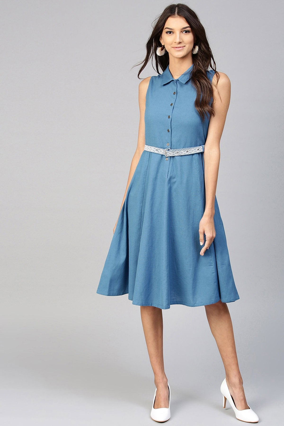 Women's Blue Embroidered Belt Ethnic Midi Dress - SASSAFRAS