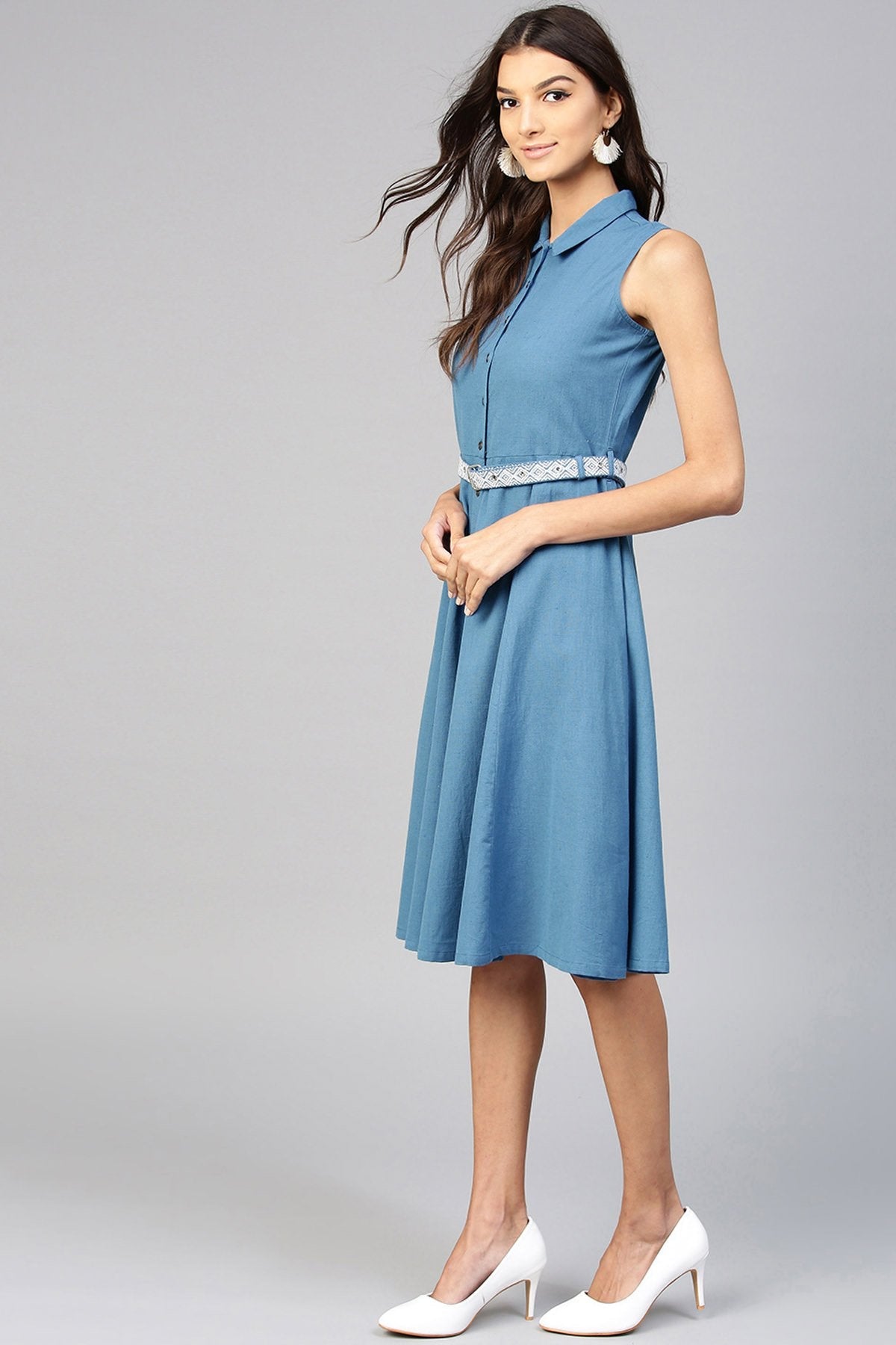 Women's Blue Embroidered Belt Ethnic Midi Dress - SASSAFRAS