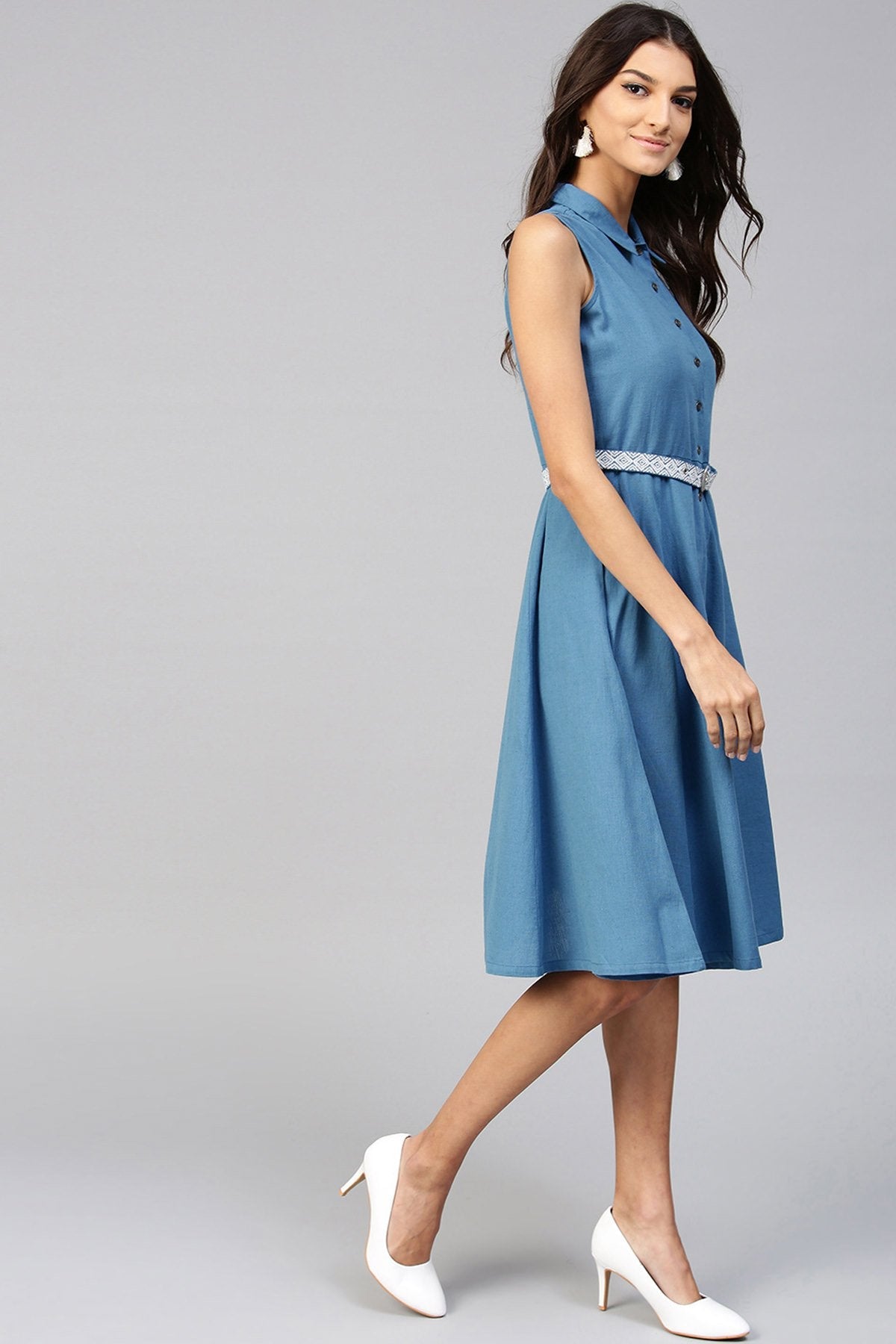 Women's Blue Embroidered Belt Ethnic Midi Dress - SASSAFRAS