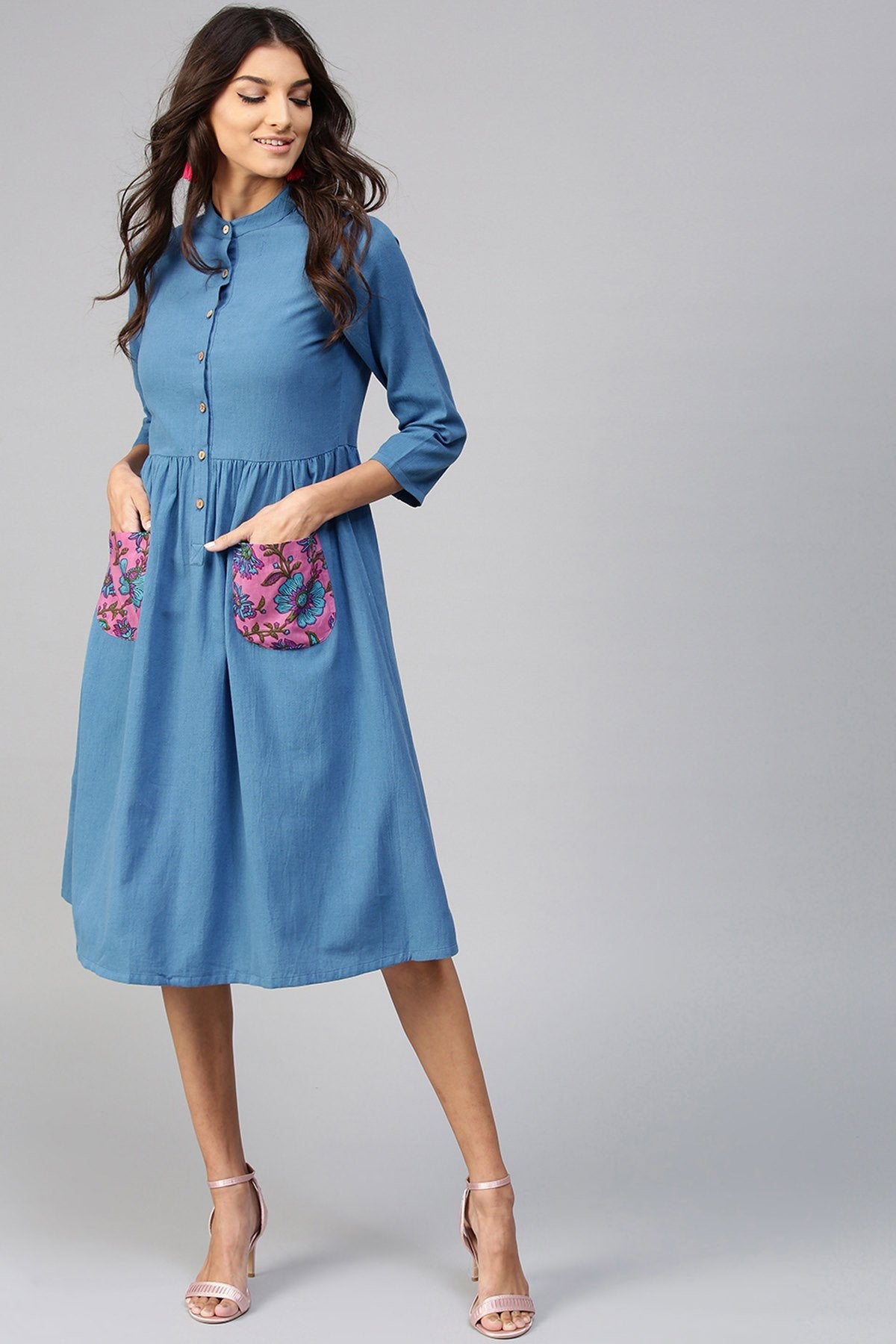 Women's Floral Printed Pocket Blue Ethnic Midi Dress - SASSAFRAS